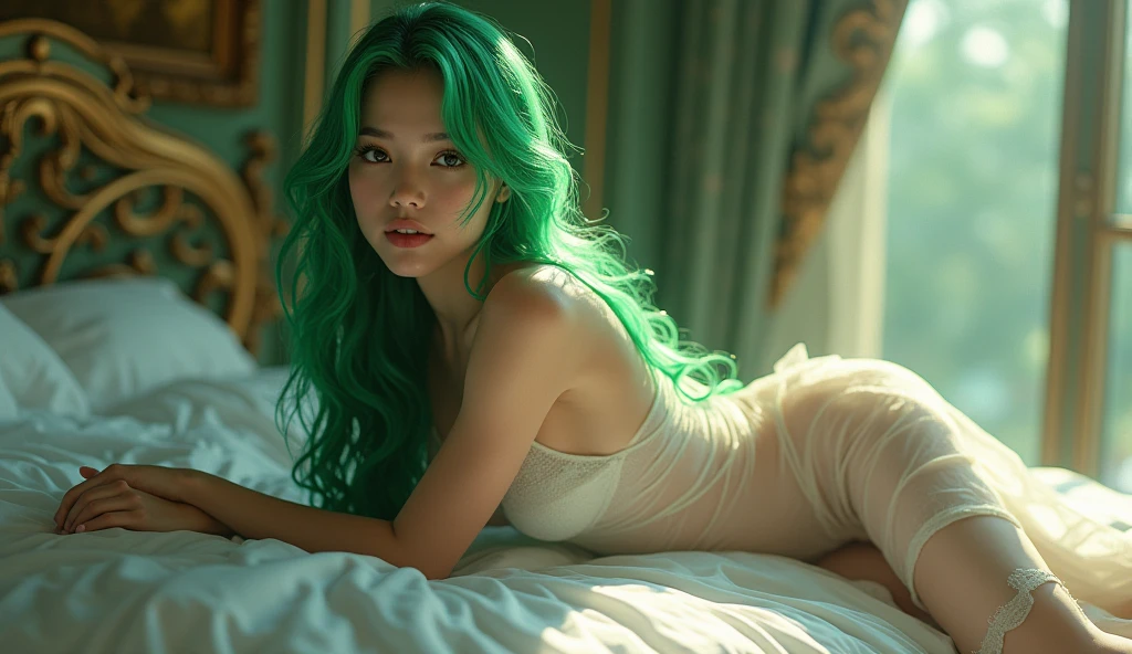 a beautiful girl close up view, lying on a bed , wear matching bra with the color of her bed & pillows(the color like sea green), nice haire, detailed realisttic skin, attractive face lovely lips , romantic pose, full body view, nice wavy hair.