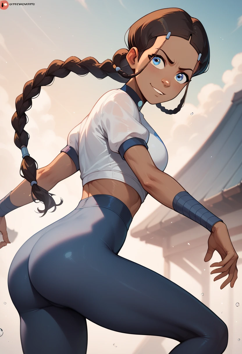 Masterpiece, perfect face, 1girl, katara, long hair, blue eyes, brown hair, black hair, hair ornament, hairclip, braid, single braid, braided ponytail, dark skin, dark-skinned female, evil face, big tits, long legs, thin waist, gym outfit, tight leggings, bubble butt, gym