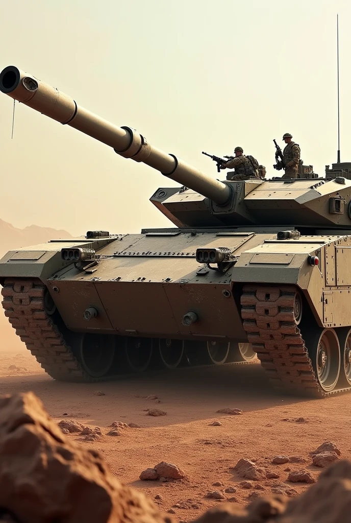 (medium full shot) of (formidable light desert-camo tank) with modular armor, diesel, extended barrel, reactive armor blocks, set in a narrow canyon, with high walls and limited visibility, the tank navigating the tight space, during a dusk operation, Masterpiece,best quality, photo, realistic, very aesthetic,
