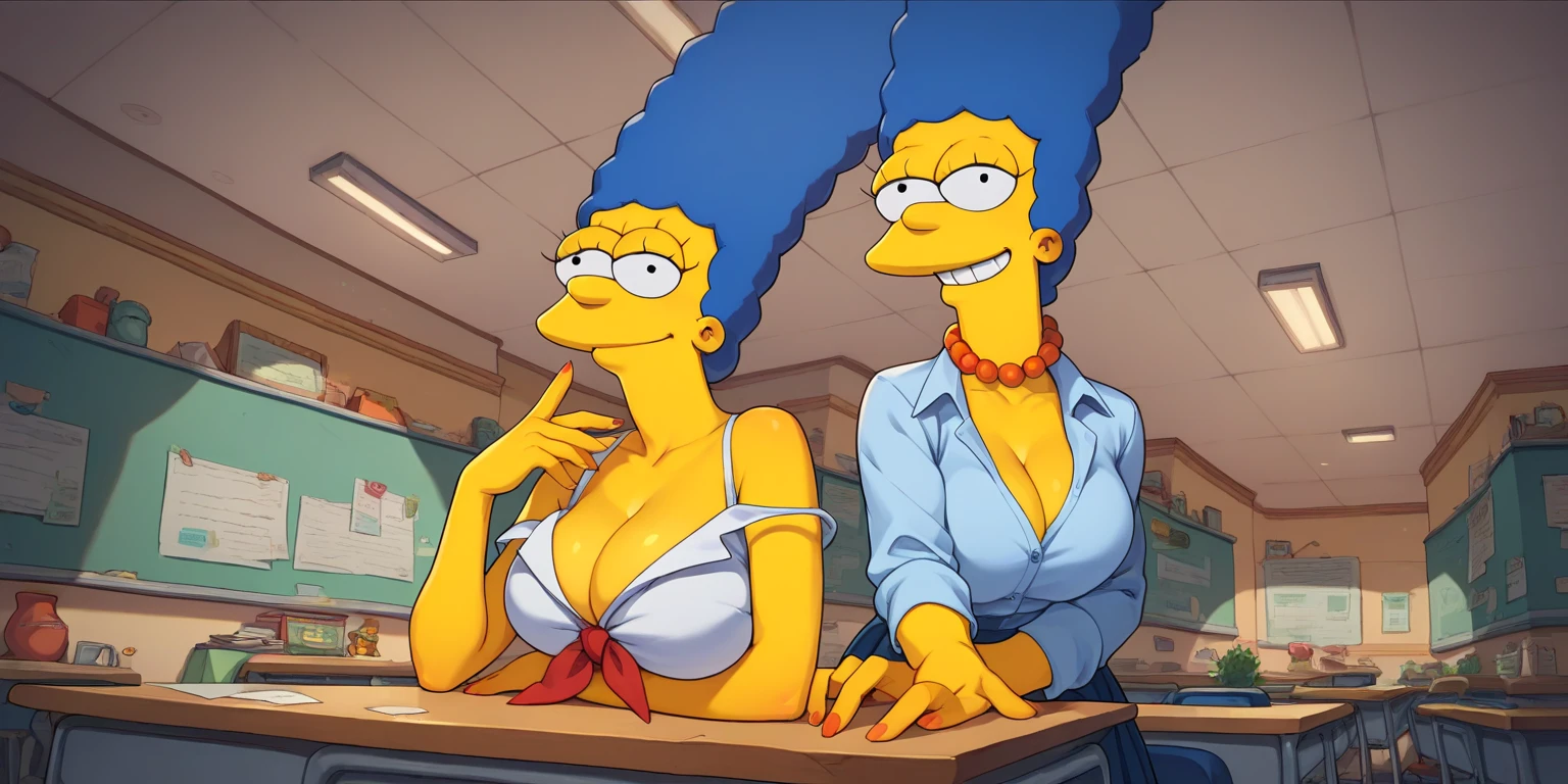 a woman with sexy body and outfit, black hair, walking in the sidewalk with a man by her side, EdobSimpsons <lora:EdobSimpsons_v1.1:0.8>