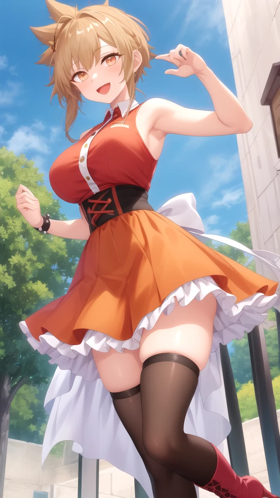 Without skirt、The skirt is flipped up、Without skirt、White underwear、In underwear、Panties in full view、White panties、 1, 1girl, asahina mikuru, long hair, kita high , solo,  short sleeves, red ribbon, large breasts, cowboy shot, waving, outdoors, Underwear in full view、From the back