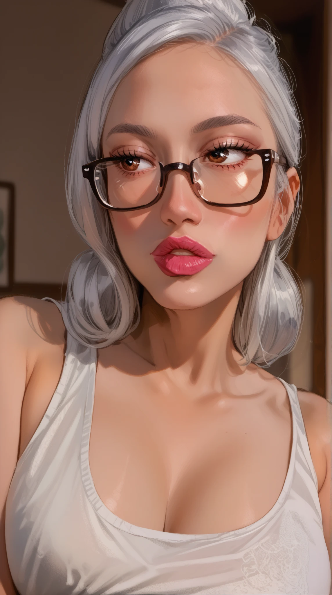 ((masterpiece)), ((best quality)), (detailed), perfect, solo, purah, gorgeous woman with no bikini top, luscious lips,short hair, perky breast, cleavage, firm breasts, sexy, (((exposed nipples))), Red irises, white hair, red rimmed glasses, golden eye goggles on head
