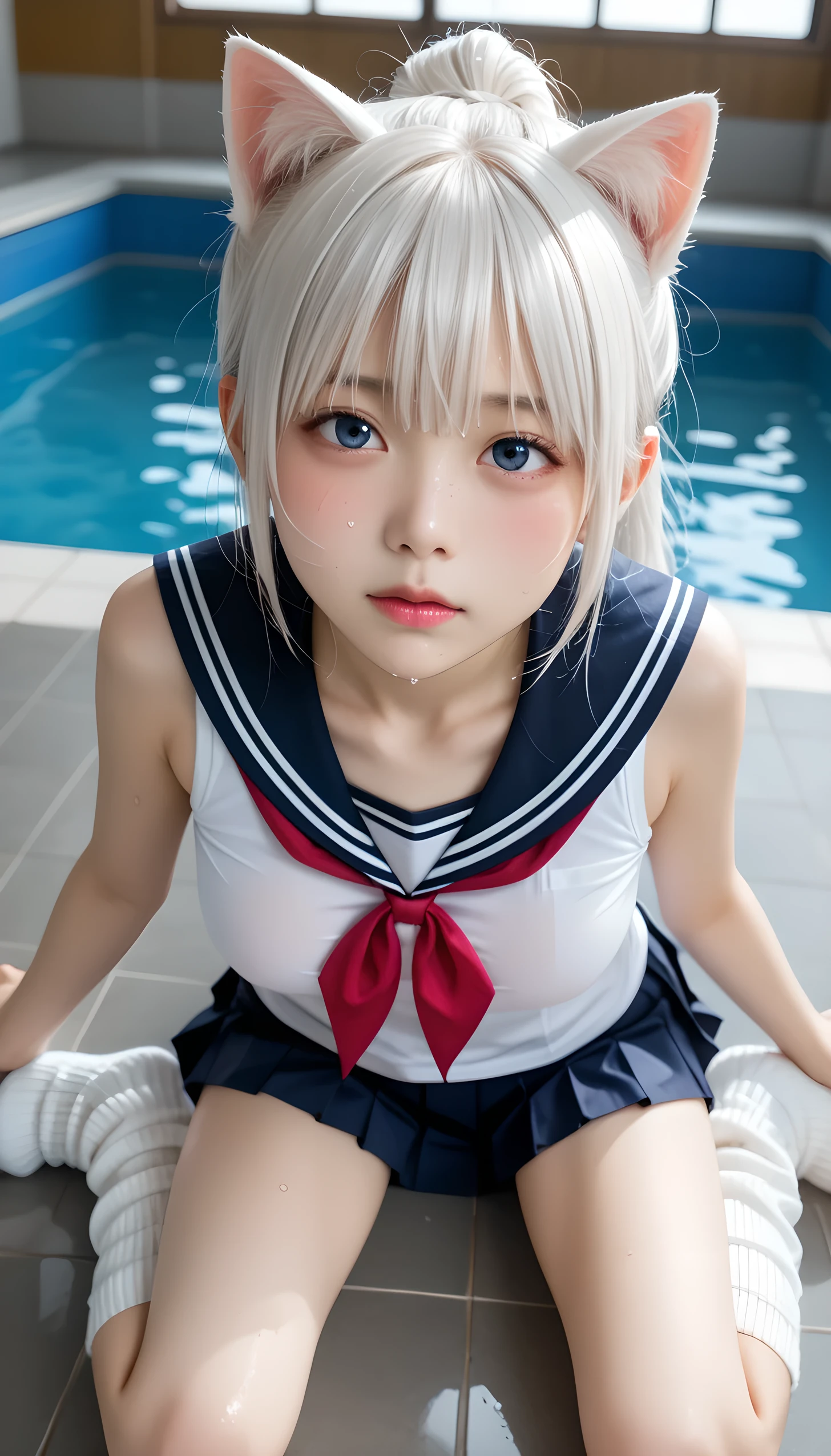  wet、masterpiece 、  top quality  、 Super high resolution、 realistic、 beautiful lighting arranged in an orderly manner、  RAW photos 、4K Ultra HD、  super detailed face、Clear Face、1080P、Detailed eye、 beautiful eyes、( Upper Eye Care、Gaze sideways)、 with blue eyes 、Silver-white hair、 Ponytail、 horny 、 Thin Young Gravure Idols 、cat ears、Red ribbon、 white gloves、sailor cuffs、((( small chest with tension、Separated Breasts 、 tight breasts)))、(((wet Japanese ********************** 、  navy sailor color 、sailor cuffs、 wet pleated skirt 、 loose socks、Wear black shorts)))、 Japanese ***************** girls in school swimsuits、((Indoor poolside、 blur background))、 ((( EXTREME FACE UP SHOT )))  ,((Sitting cross-legged))、(( full body shot ))、(( back shot ))、(( rear view))、( perfect anatomy)、 break ((Upper eyelid))、(((upskirt)))、 thin beautiful thighs 、 beautifully manicured hair 、 oily skin 、Five fingers、Two arms、2 Legs 