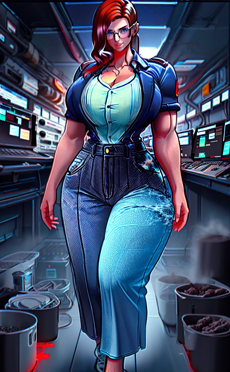 Woman, 30 years old. Nuclear scientist. Labcoat and glasses. Dark red hair. Irradiated by a radiation leak at nuclear power plant. Iridescent blue glow. She is transforming, growing into a 80ft tall giantess. Her muscles tighten and bulge. Her limbs lengthen and hips widen. Her breasts swell to enormous proportions. She grows through the roof of the containment building. Feeling powerful, strong,  sexy. 