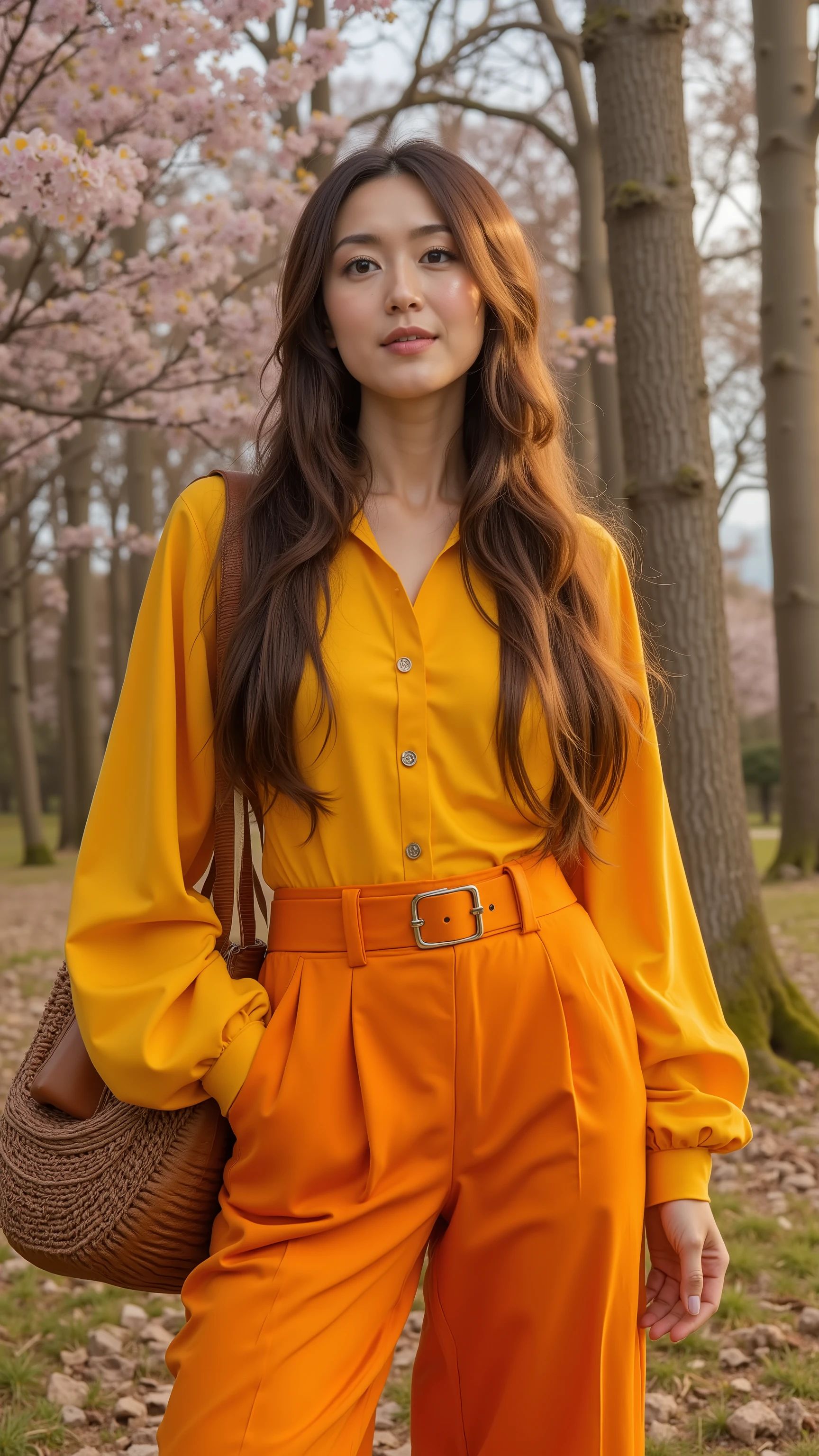 UHD, 16k, Masterpiece, top quality, Surrealism, Korean middle-aged woman,  (( 1970s style outfits, long sleeves, mustard tops, wide-legged bunted orange pants, pants with a high waist and large flares below the knee, long parting hairstyles,  ))