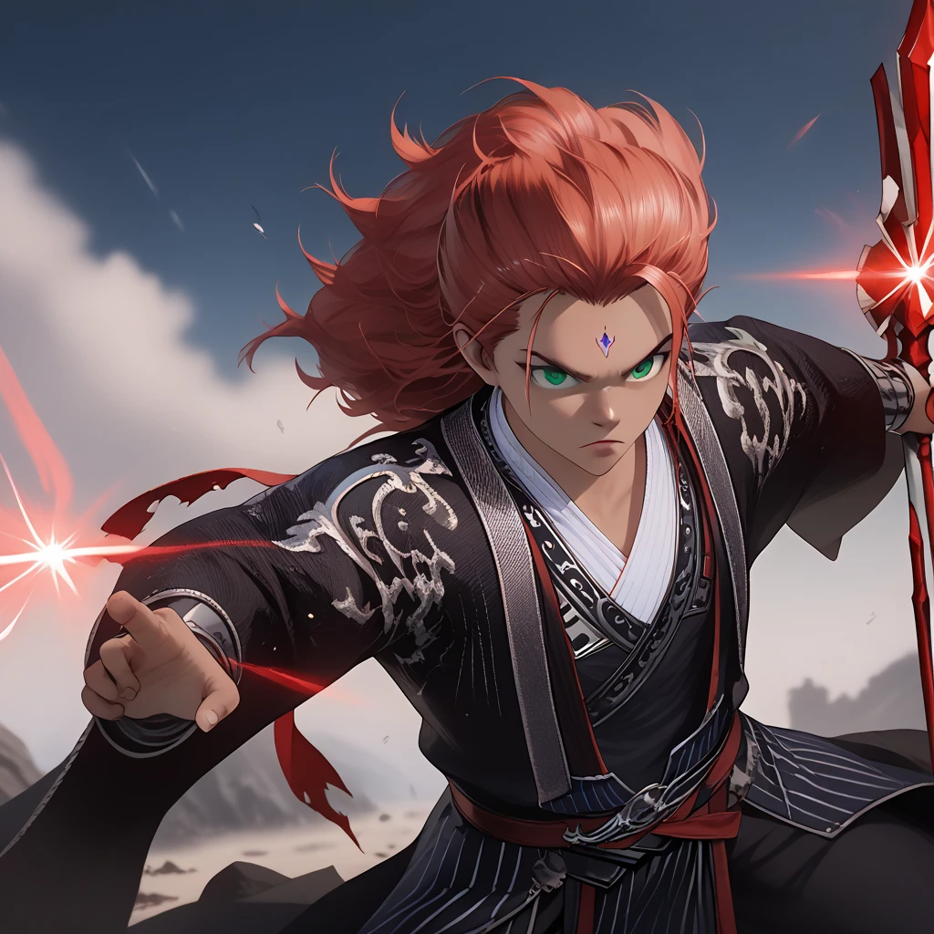 Young Kemono boy with red hair fighting in the middle of a plain,  her clothes are torn and her armor in pieces ,  her expression is fierce and her eyes are serious ,  in his left hand he holds an impressive spear with a long blue fabric that wraps around it,  her other hand is in a claw shape ,  her red hair wobbles in the wind ,  dark skin under the red fur , deep green eyes , iris feral, Lubin ears ,  body hair , Alone,  Battlefield,  magic and shadows in the background .