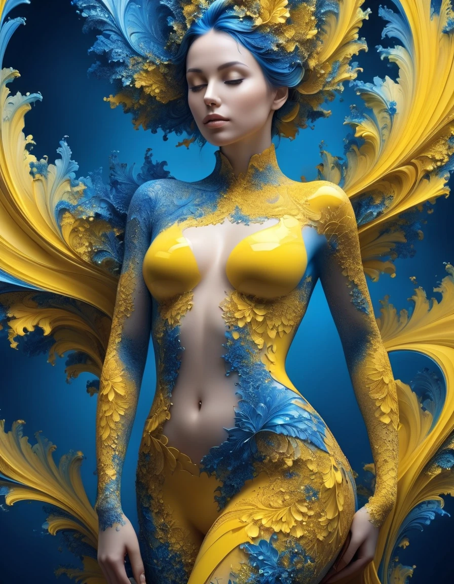  woman , made from blue and yellow colors,hips, very detailed , realistic, realistic,studio photo, very detailed , dynamic , cinematic , masterpiece fails, intricate,HDR,abstract fractal,  romantic atmosphere, Award winning photo