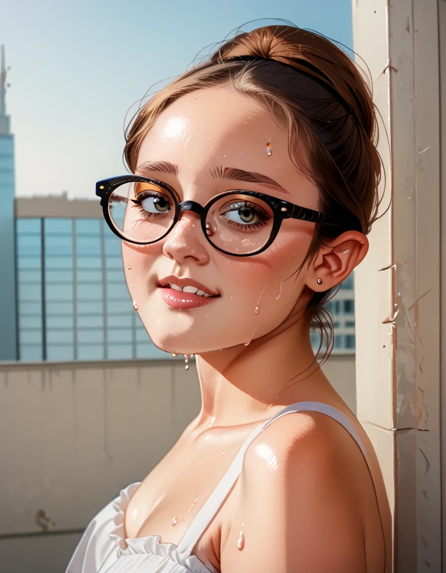 ((A very cute woman in underwear on a crowded train)) (Wearing a plummeting open shirt of white silk: 1.5.) 40k, photo, masterpiece, top quality, dark gray background, ((one girl blue eyes and gorgeous bright blonde hair, she wears glasses on her beautiful face,)). Beautiful Caucasian woman with soft breasts and white skin, ((Big: 1.2)), Super detailed face, Detailed eyes. At crowded stations, (She is wet)