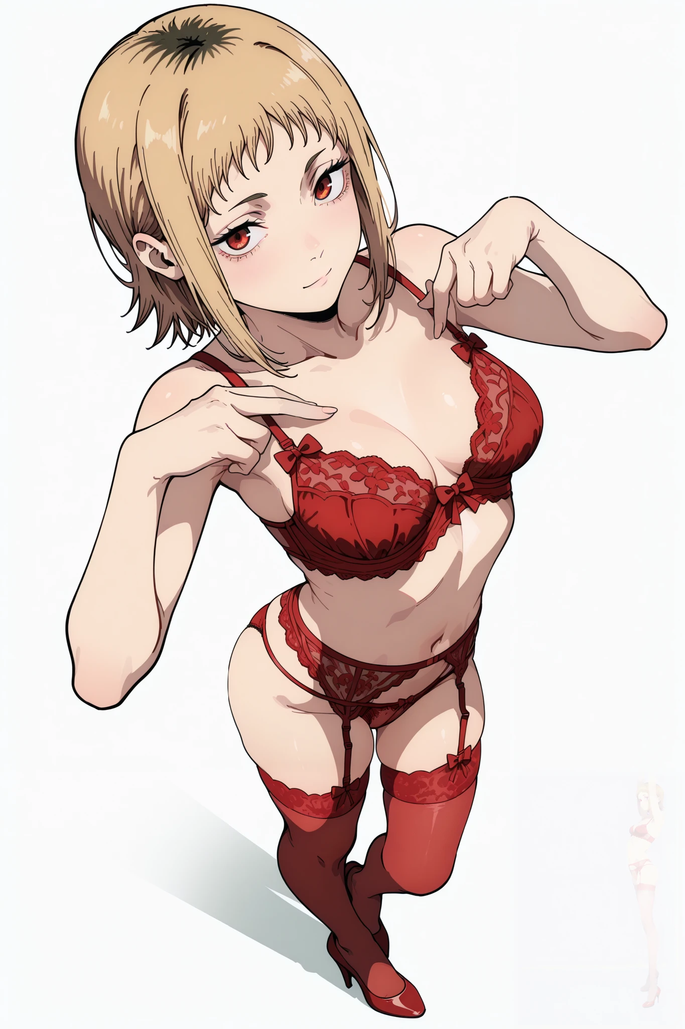 (Sh1r3n:1.2), chainsaw_man_style, 1girl, sawatari akane \(chainsaw man\), chainsaw man, garter belt, underwear, solo, 1girl, bra, blonde hair, red panties, panties, garter straps, breasts, thighhighs, lingerie, red eyes, red bra, medium breasts, navel, simple background, short hair, red legwear, bow, white background, full body, hot pose, best anatomy, masterpiece, looking at the viewer, heels, from above, small tits, sensual lingerie, snake eyes, red heels, standing 