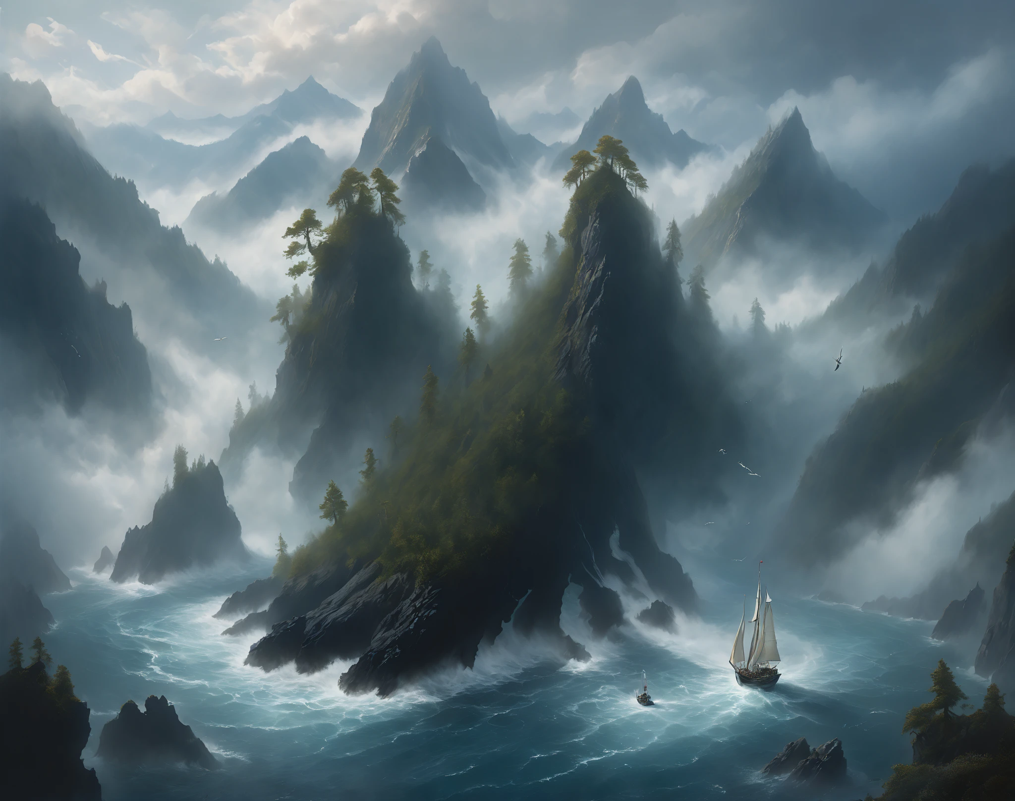 ( A huge cedar grows , A huge spruce on top of a mountain ), ((aerial view of a whirlpool in water )), (far behind the mountains, a huge creature with an elongated snout with 4 fins on its head and the body of a sea serpent emerges from the fog from the water, of a huge leviathan above the trees:1.5) , (Leviathan is a sea serpent with fins on its head in the water:1.3), high ledges on both sides of the sea , mountain rift , view high from above and from afar , (a sailboat or a beautiful galleon sails in a crevice between steep black cliffs:1.3), in the distance High black mountains with snow-capped peaks , goes into the clouds , scaly moss grows on top . lots of air , cliff, the waves of the sea are raging . the sky before the thunderstorm , light through the clouds . reflections in water . The Abyss of the Dark Sea , ( highest quality , masterpiece fails), , 4K, concept art, fantasy, blue tones, very detailed oil painting . high view from above , cool blue tones .