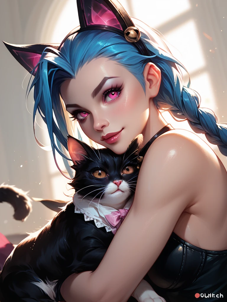 jinx from league of legends, snuggling a black cat in her arms, looking at the viewer. she has pink eyes and long twin braids while the cat has brown eyes. dutch camera angle, close up, warm lighting for the adorable and whimsical mood.