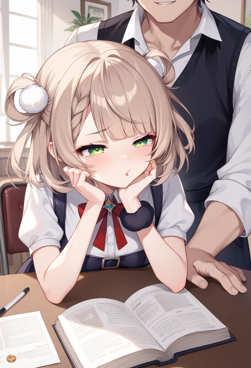 kiss, hold her head, rape, closed one eye, forced  kiss, idol handshake event, bent over,table, Facing each other across the table, Stacked photo books on table, stacked CD case, dazed face, 1girl, 1boy, shigure ui \(vtuber\), virtual youtuber, light brown hair, short hair, french braid, hair rings, green eyes