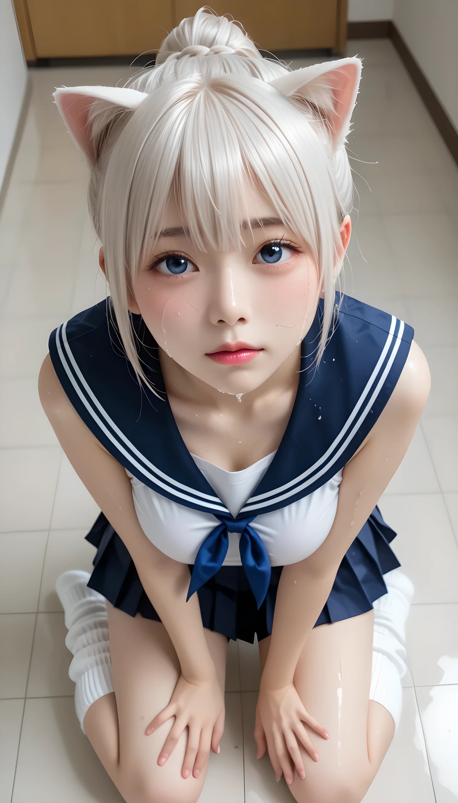 wet、masterpiece 、 top quality 、 Super high resolution、 realistic、 beautiful lighting arranged in an orderly manner、 RAW photos 、4K Ultra HD、 super detailed face、Clear Face、1080P、Detailed eye、 beautiful eyes、 ecstatic face、( Half Open Eyes )、 with blue eyes 、Silver-white hair、 Ponytail、 horny 、 young gravure idol who lost weight、cat ears、 white gloves、(((Busty Body、Separated Breasts 、 tight breasts)))、((( viewersに近づけるようにお口を持っていきます)))、(((wet Japanese girl 、 navy sailor color 、 with both shoulders out 、Fluttering skirt、 wet pleated skirt 、 Loose Socks 、Wear black shorts)))、Japanese female elementary schoolwimsuits 、((Inside a small pool 、Bring your face close while staring at the audience)) break ( messy bun ) break ((( EXTREME FACE UP SHOT , viewers, the above ))), (( a woman places her hand on her crotch 、Kneel))、( perfect anatomy)、 break ((Upper eyelid))、((( midi skirt)))、 thin beautiful thighs 、 beautifully manicured hair 、 oily skin 、Five fingers