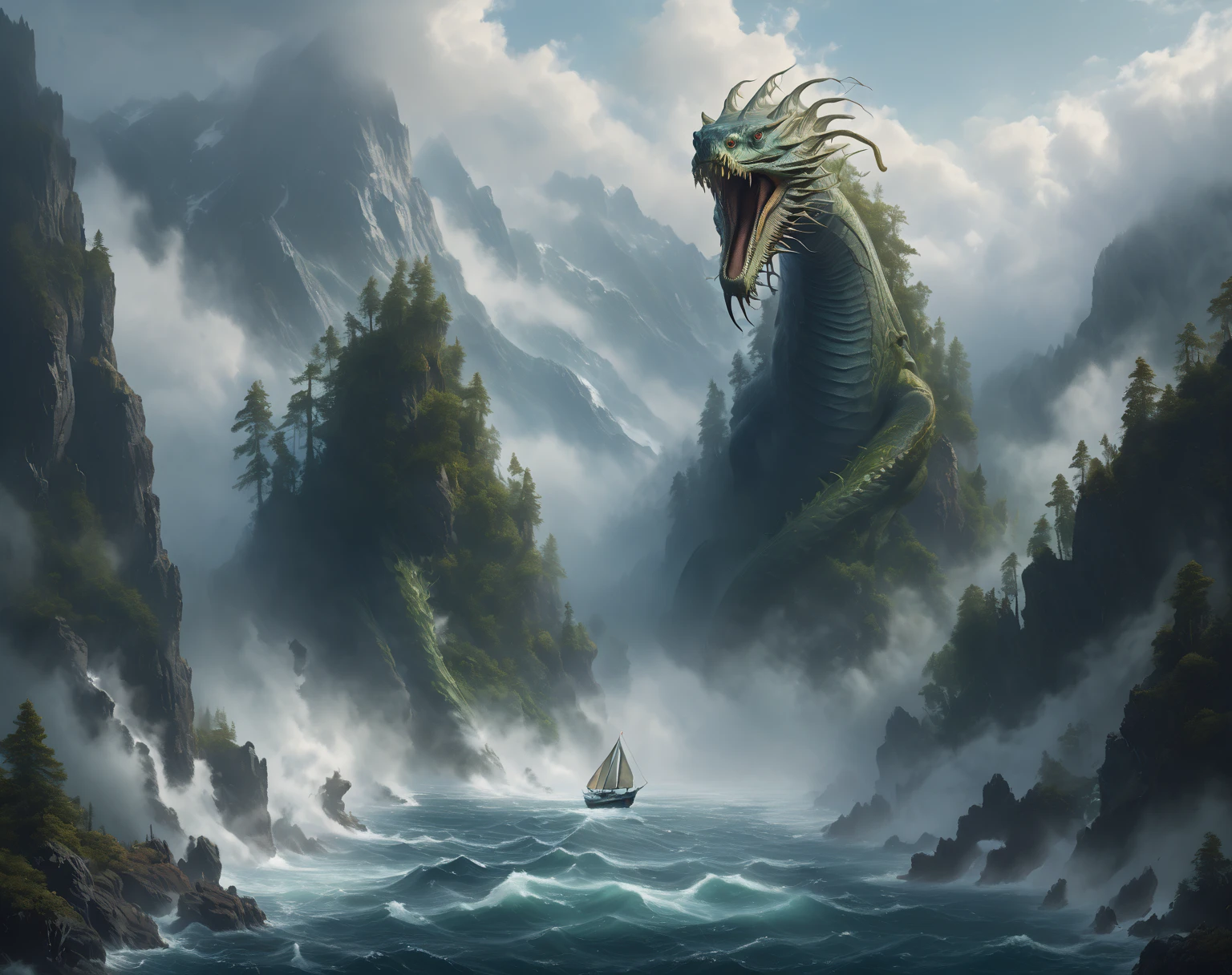  ( A huge cedar grows ,  A huge spruce on top of a mountain ), ((aerial view of a whirlpool in water )),  (far behind the mountains, a huge creature with an elongated snout with 4 fins on its head and the body of a sea serpent emerges from the fog from the water,  of a huge leviathan above the trees:1.5) ,  (Leviathan is a sea serpent with fins on its head in the water:1.3),   high ledges on both sides of the sea , mountain rift ,  view high from above and from afar , (a sailboat or a beautiful galleon sails in a crevice between steep black cliffs:1.3),  in the distance High black mountains with snow-capped peaks  ,  goes into the clouds   ,  scaly moss grows on top   . lots of air     , cliff, the waves of the sea are raging     .      the sky before the thunderstorm     ,      light through the clouds      .      reflections in water     .      The Abyss of the Dark Sea    , ( highest quality ,  masterpiece fails), , 4K, concept art, fantasy, blue tones,     very detailed oil painting    .     high view from above     , cool blue tones .

