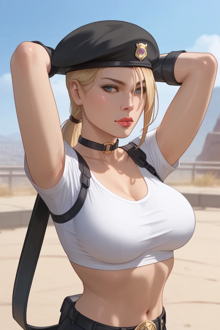 SonyaBladeMKDC, 1girl, midriff, navel, crop top, elbow gloves, choker, hat, belt, blonde hair, medium breasts, white shirt, black pants, dark skin, lips, beret, ponytail, dark-skinned female, black headwear, cowboy shot, arms behind head