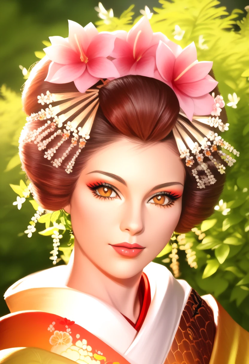 A beautiful girl in a lush garden, (best quality,4k,8k,highres,masterpiece:1.2),ultra-detailed,(realistic,photorealistic,photo-realistic:1.37),beautiful detailed eyes,beautiful detailed lips,extremely detailed face and features,longeyelashes,intricate floral patterns,vibrant colors,natural lighting,serene atmosphere,breathtaking landscape, long eyelashes,  oiran, garden, sunset sky, gentle breeze, long beautiful curly brown hair, brown eyes,  hair, yelloow clothes,  elegant pattern, japanese pattern, (patterned clothing:1.2), Oiran Traditional Fashion