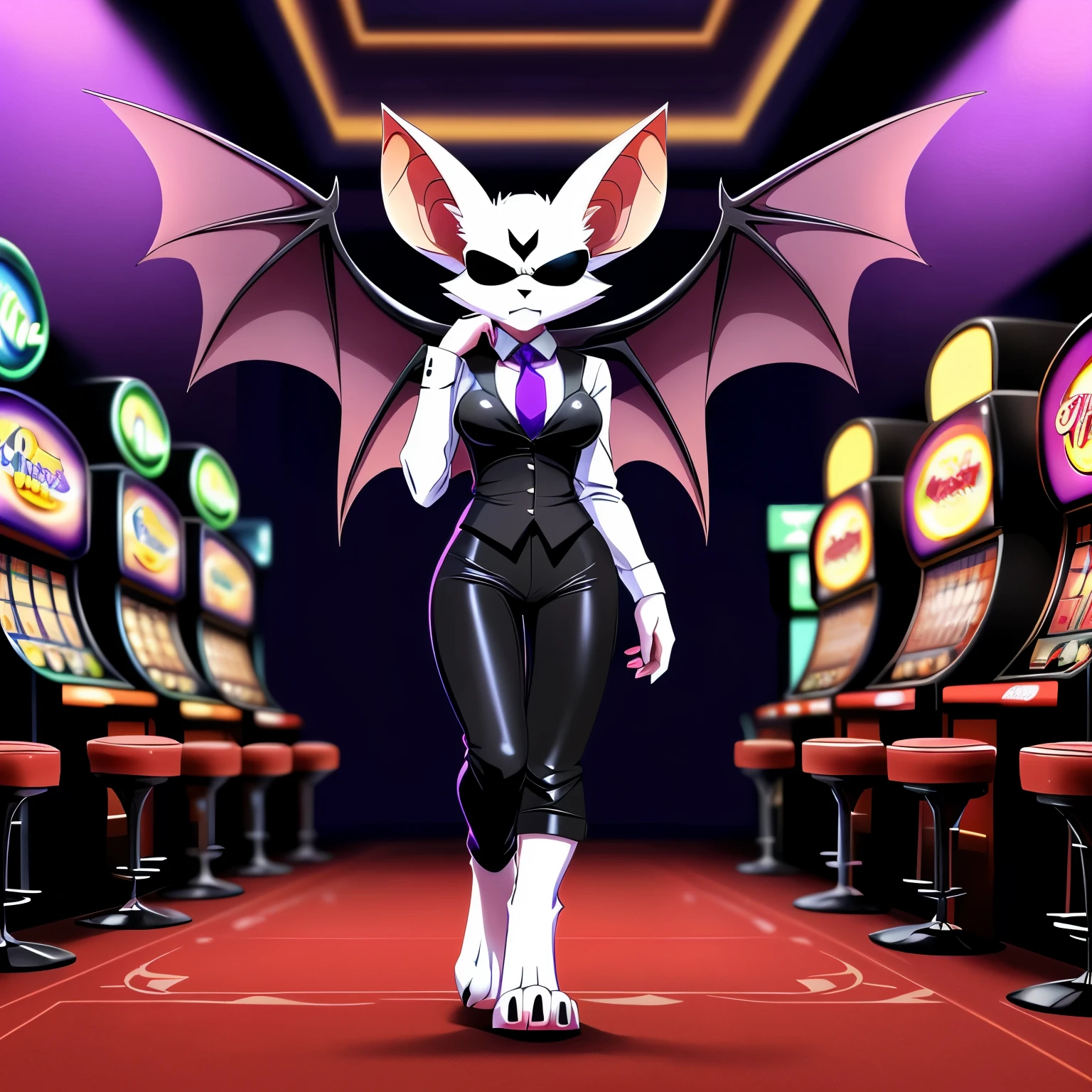 SFW version, anime, anime style, solo drawing, ((facing viewer)), ((Facing camera)), ((arms folded)), full body picture, ((professional pose)), Anthro bat character, ((tall character)), ((Fit figure)), ((white skin)), clawed hands, ((clawed feet)), ((huge purple bat wings)), ((white bat ears)), ((wearing a black suit and purple tie)), ((Wearing black pants)), ((Wearing black sunglasses)), ((white face)), neutral expression, ((digitigrade legs)), ((digitigrade feet)), casino background, standing in a casino, highly detailed anime style, clean lines, beautiful demoness, female demon, gorgeous demon girl, ((hourglass figure)), short muzzle, furry cheeks, furry muzzle