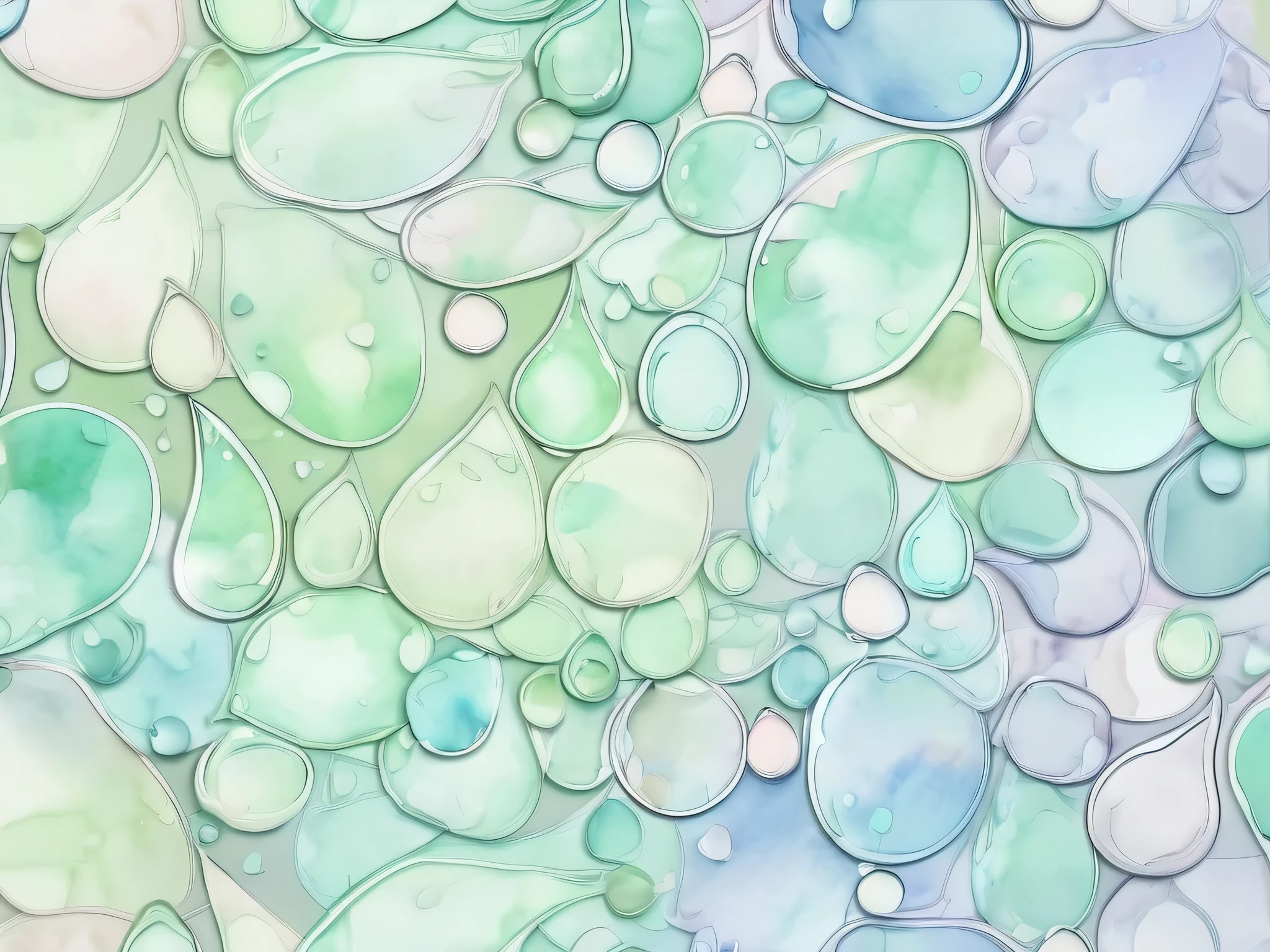 pale watercolor water drop pattern。 with gentle pastel colors at the center 、 transparent light tones spread 。The background has a soft green、Light blue harmonizes 。It comes in a variety of sizes、 bleeding outlines 。 with a soft and delicate atmosphere throughout 、 gentle and dreamy art style。