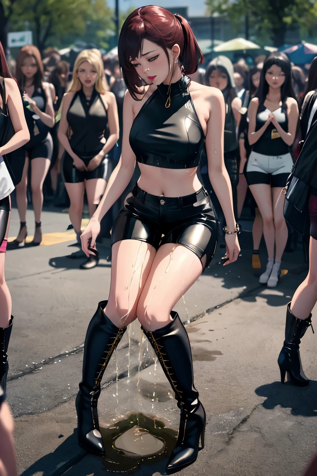 anime, best quality, high quality, highres, beautiful women, high detail, good lighting, lewd, hentai, (((bike shorts))), (leather halter top), (bare midriff), (((leather thigh high heel boots))), (wet shorts), (((wetting herself))), (((peeing herself))), (((peeing self))), (pee streaming down legs), peeing stain, (puddle), (thick thighs), nice long legs, lipstick, pretty face, sexually aroused, ((in public with crowd of women all peeing themselves)), hihelz