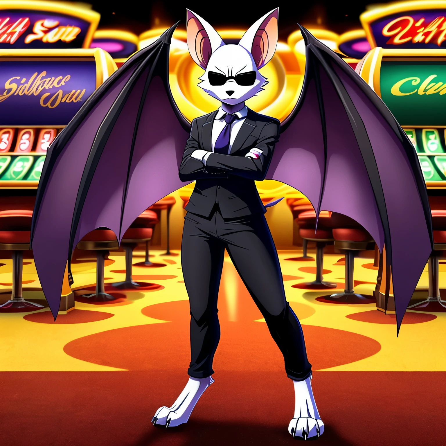 SFW version, anime, anime style, solo drawing, ((facing viewer)), ((Facing camera)), ((arms folded)), full body picture, ((professional pose)), Anthro bat character, ((tall character)), ((Fit figure)), ((white skin)), clawed hands, ((clawed feet)), ((huge purple bat wings)), ((white bat ears)), ((wearing a black suit and purple tie)), ((Wearing black pants)), ((Wearing black sunglasses)), ((white face)), neutral expression, ((digitigrade legs)), ((digitigrade feet)), casino background, standing in a casino, highly detailed anime style, clean lines, beautiful demoness, female demon, gorgeous demon girl, ((hourglass figure)), short muzzle, furry cheeks, furry muzzle