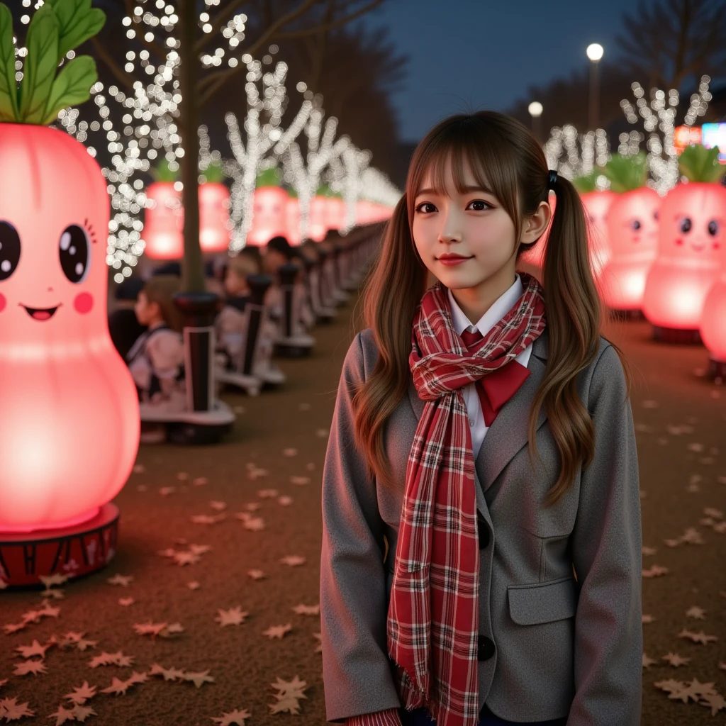 ultra-realistic, photorealistic, dramatic scene, shadow, global-illumination, solo, (teenage Japanese famous idol girl), very beautiful fragile Japanese girl, very beautiful with very cute but boyish cool face, (very large breasts), slim waist, (wearing a gray colored Japanese high school cute uniform of white shirt with blazer and skirt), (red ribbon), (stylish winter coat), (cute checked red woolen scarf), (glove), (She is wearing dark navy tights), (very large breasts), upper body shot, (She is standing and looking at the Daikon Character-Themed Electrical Parade at the amusement park), daikon\(cute, medium long, very large, chubby, white daikon radish character, green leaves on the top, smiled simple cute face with extremely detailed eyes, detailed anime eyes, short hands and foot\), (A lively and fun daikon parade with glittering lights and many daikon radish characters on the float), (The floats in the daikon radish Electrical Parade were beautifully decorated with lights), (at night), A few autumn leaves can be seen among the leafless trees, she looks so happy, happy smile, professional lighting,