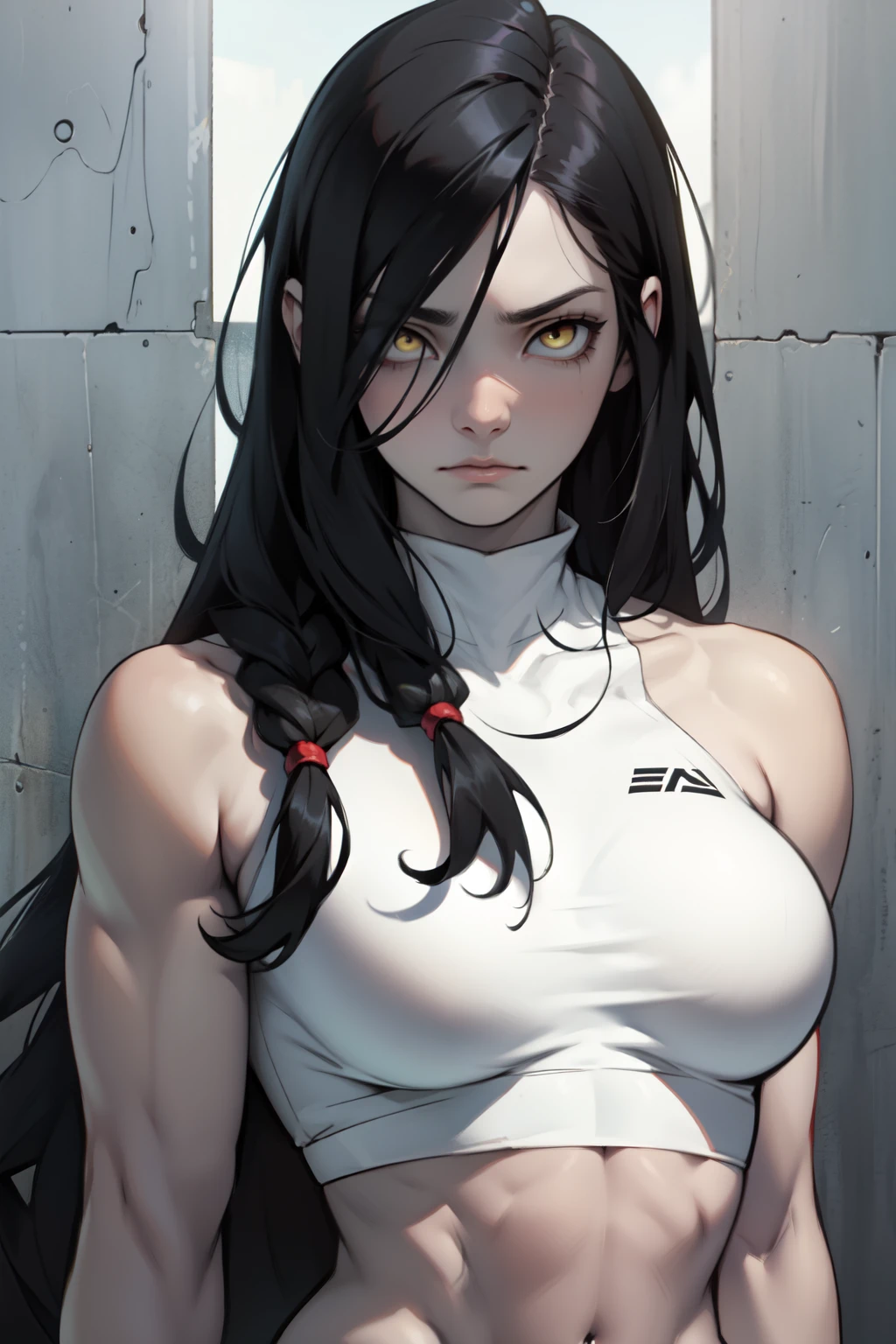 sad pale muscular girl massive breasts hair black hair yellow eyes extremely long hair sad