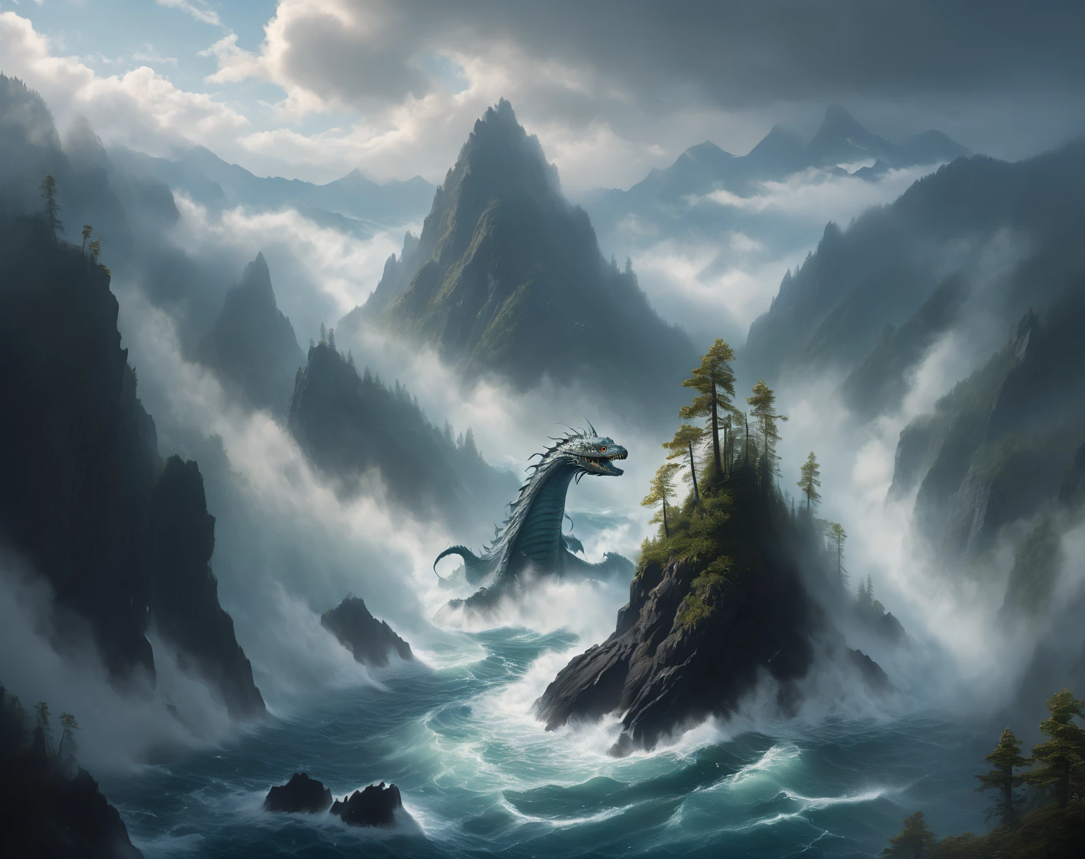  ( A huge cedar grows ,  A huge spruce on top of a mountain ), ((aerial view of a whirlpool in water )),  (far behind the mountains, a huge creature with an elongated snout with 4 fins on its head and the body of a sea serpent emerges from the fog from the water,  of a huge leviathan above the trees:1.5) ,  (Leviathan is a sea serpent with fins on its head in the water:1.3),   high ledges on both sides of the sea , mountain rift ,  view high from above and from afar , (a sailboat or a beautiful galleon sails in a crevice between steep black cliffs:1.3),  in the distance High black mountains with snow-capped peaks  ,  goes into the clouds   ,  scaly moss grows on top   . lots of air     , cliff, the waves of the sea are raging     .      the sky before the thunderstorm     ,      light through the clouds      .      reflections in water     .      The Abyss of the Dark Sea    , ( highest quality ,  masterpiece fails), , 4K, concept art, fantasy, blue tones,     very detailed oil painting    .     high view from above     , cool blue tones .

