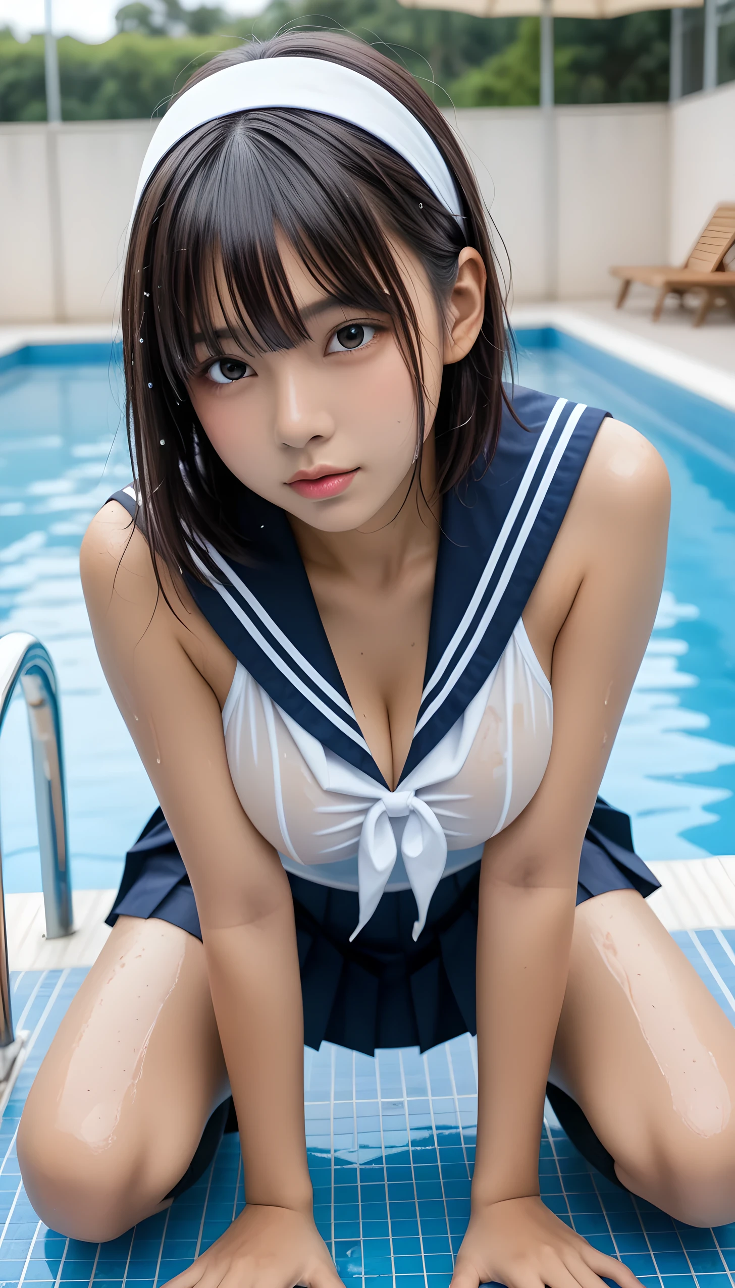  wet、masterpiece 、  top quality  、 Super high resolution、 realistic、 beautiful lighting arranged in an orderly manner、  RAW photos 、4K Ultra HD、  super detailed face、Clear Face、Detailed eye、 beautiful eyes、1080P、 tan dark skin 、 black hair,   wet hair、 short bob cut , bangs、 Ponytail、 horny 、 young gravure idol who lost weight、 ecstatic face、 white headband 、 white gloves、(((Busty Body、Separated Breasts 、 tight breasts)))、((( wet hair ))),(((scene：There is a beautiful scene floating in the background.、 blue sky))),(((wet Japanese  、  navy sailor color 、 with both shoulders out 、 wet pleated skirt 、 black knee socks、Wear black shorts)))、Japanese female elementary school studol swimsuits 、((Get on all fours in a shallow pool、Bring your face close while staring at the audience))  break ((( EXTREME FACE UP SHOT ,  viewers, the above )))、 a woman places her hand on her crotch 、 full body shot ))、(( underboob))、( perfect anatomy)、 break ((Upper eyelid))、((( midi skirt)))、 thin beautiful thighs 、 beautifully manicured hair 、 oily skin 、Five fingers