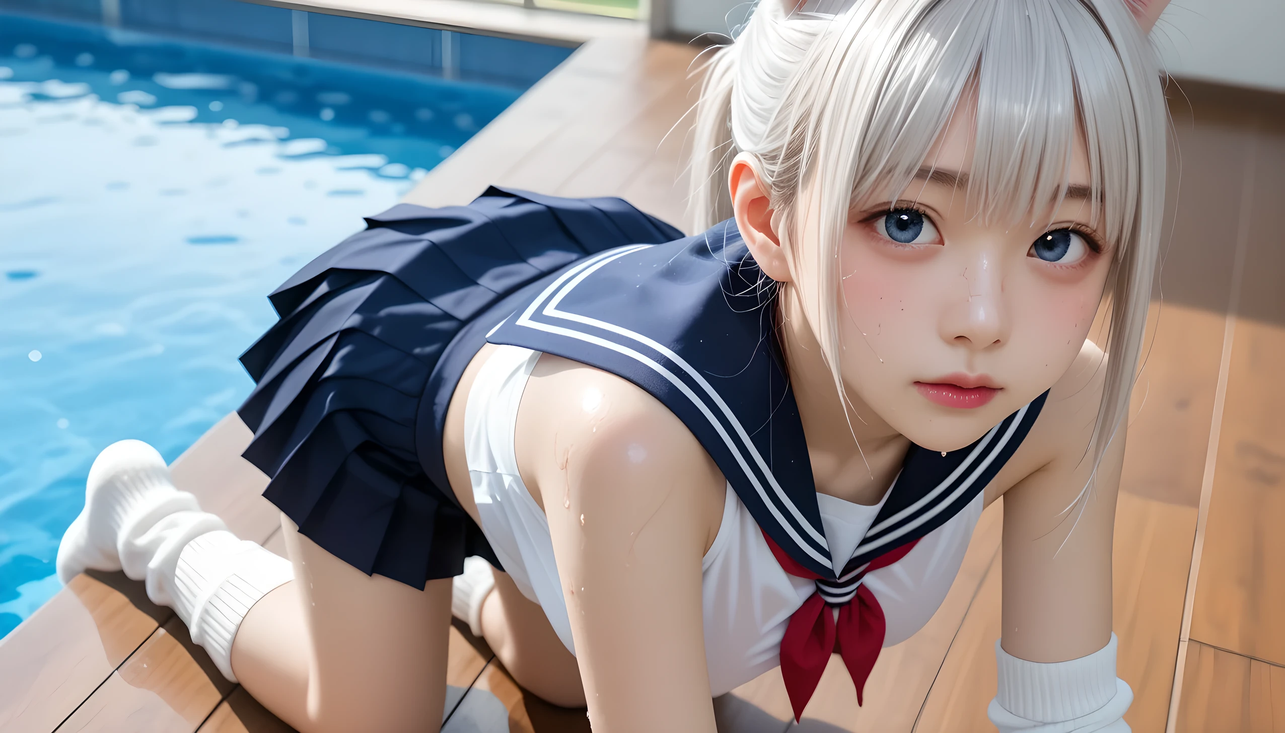  wet、masterpiece 、  top quality  、 Super high resolution、 realistic、 beautiful lighting arranged in an orderly manner、  RAW photos 、4K Ultra HD、  super detailed face、Clear Face、1080P、Detailed eye、 beautiful eyes、 ecstatic face、( Half Open Eyes )、 with blue eyes 、Silver-white hair、 Ponytail、 horny 、 young gravure idol who lost weight、cat ears、 white gloves、(((Busty Body、Separated Breasts 、 tight breasts)))、((( viewersに近づけるようにお口を持っていきます)))、(((wet Japanese elementary school girl 、  navy sailor color 、 with both shoulders out 、 wet pleated skirt 、 Loose Socks 、Wear black shorts)))、Japanese female elementary school students wearing school swimsuits 、((Inside a small pool 、Bring your face close while staring at the audience)) break ( messy bun  ) break ((( EXTREME FACE UP SHOT ,  viewers, the above ))), ((  a woman places her hand on her crotch 、 lies down))、( perfect anatomy)、 break ((Upper eyelid))、((( midi skirt)))、 thin beautiful thighs 、 beautifully manicured hair 、 oily skin 、Five fingers