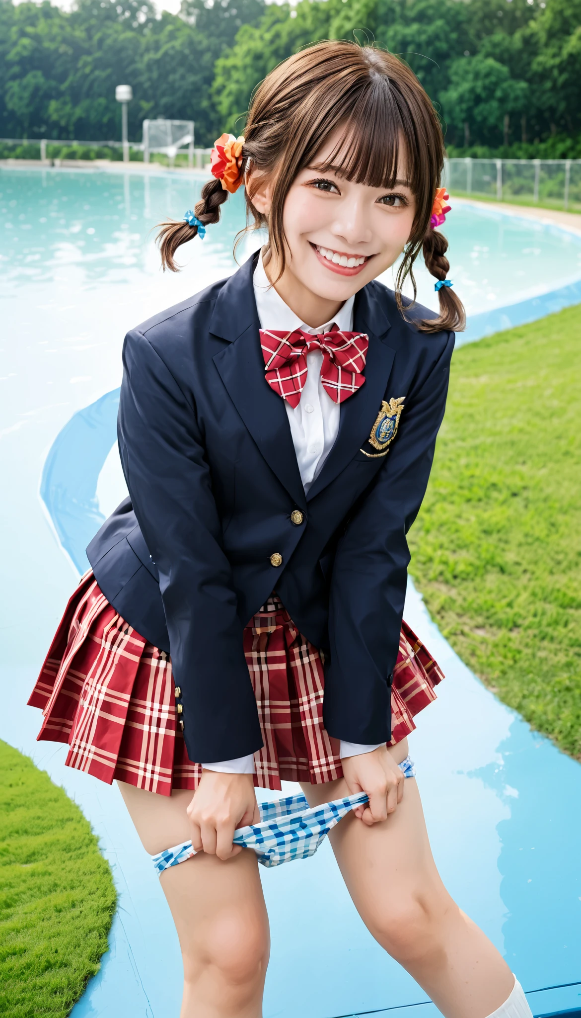 Score_9, Score_8_up, Score_7_up, rating_explicit, source_real, realistic, photo realistic, masterpiece, best quality, high resolution photograph, extremely detailed, intricate details, sharp details, sharp focus, solo, 1girl, a young Japanese female idol,,(Japanese idol uniform, AKB48-style costume), (black blazer, emblem, white collared shirt, bowtie:1.2), (red miniskirt, tartan check plaid skirt, pleated skirt:1.3),,, (smile), tiny breasts, (braided twintails brown hair with blunt bangs, hair scrunchie), pale skin, fine-textured skin, sweaty, shiny skin, detailed face, detailed eyes, sophisticated nose, (standing leaning forward, striped panties down to knees:1.2), perfect anatomy, perfect hand, handfixer, intricate_details_xl, outdoors, idol concert venue, on the live stage, blue sky and clouds, 