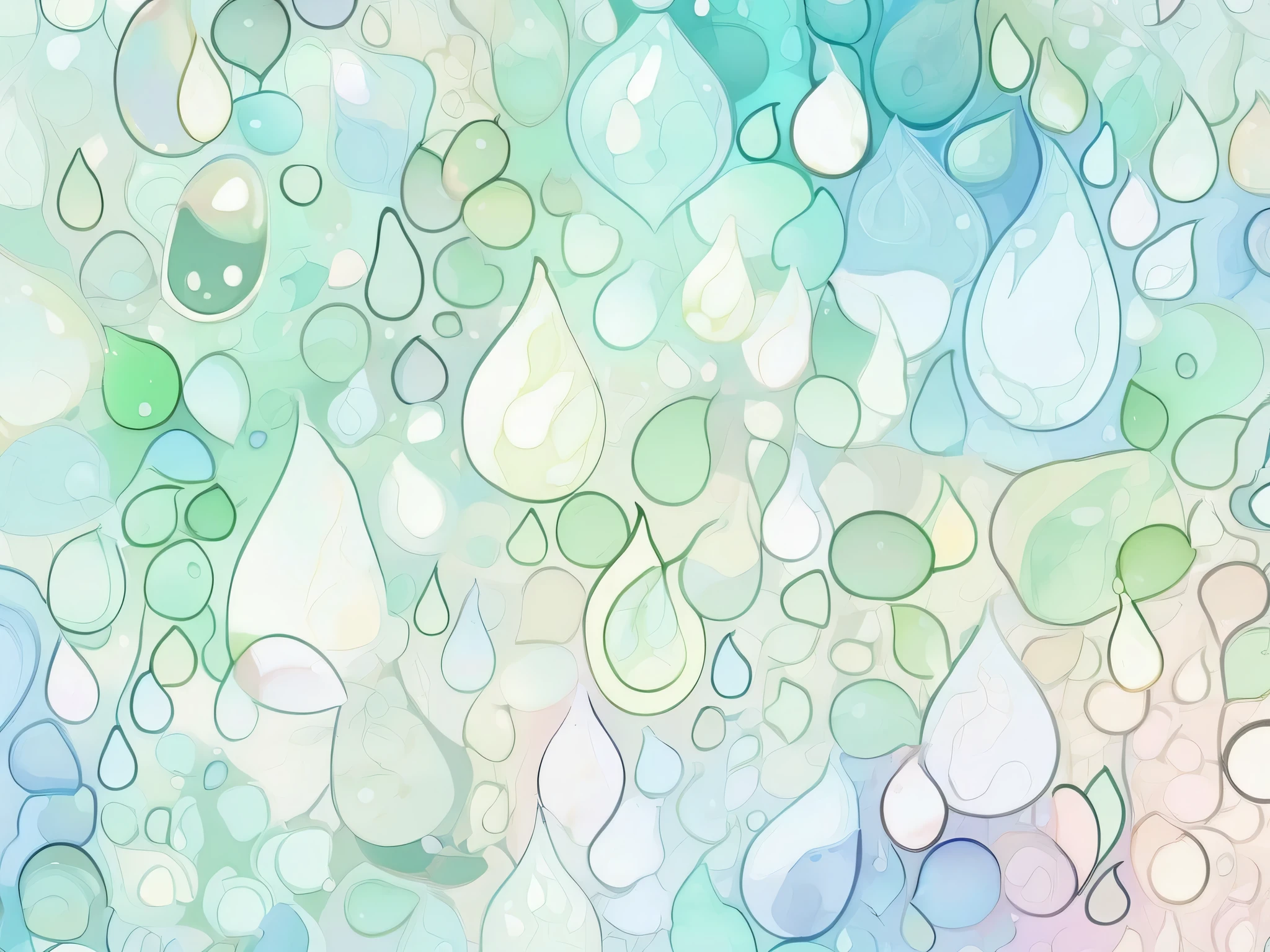 pale watercolor water drop pattern。 with gentle pastel colors at the center 、 transparent light tones spread 。The background has a soft green、Light blue harmonizes 。It comes in a variety of sizes、 bleeding outlines 。 with a soft and delicate atmosphere throughout 、 gentle and dreamy art style。