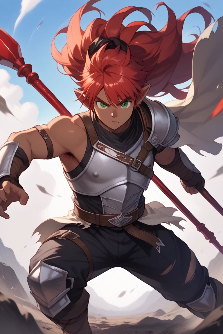  young Kemono , Half-beast elf ,   red-haired boy fighting in the middle of a plain,  her clothes are torn and her armor in pieces ,  her expression is fierce and her eyes are serious ,  in his left hand he holds an impressive spear with a long blue fabric that wraps around it,  her other hand is in a claw shape ,  her red hair wobbles in the wind ,  dark skin under the red fur , deep green eyes , iris feral, Lubin ears ,  body hair , Alone,  Battlefield,  magic and shadows in the background .