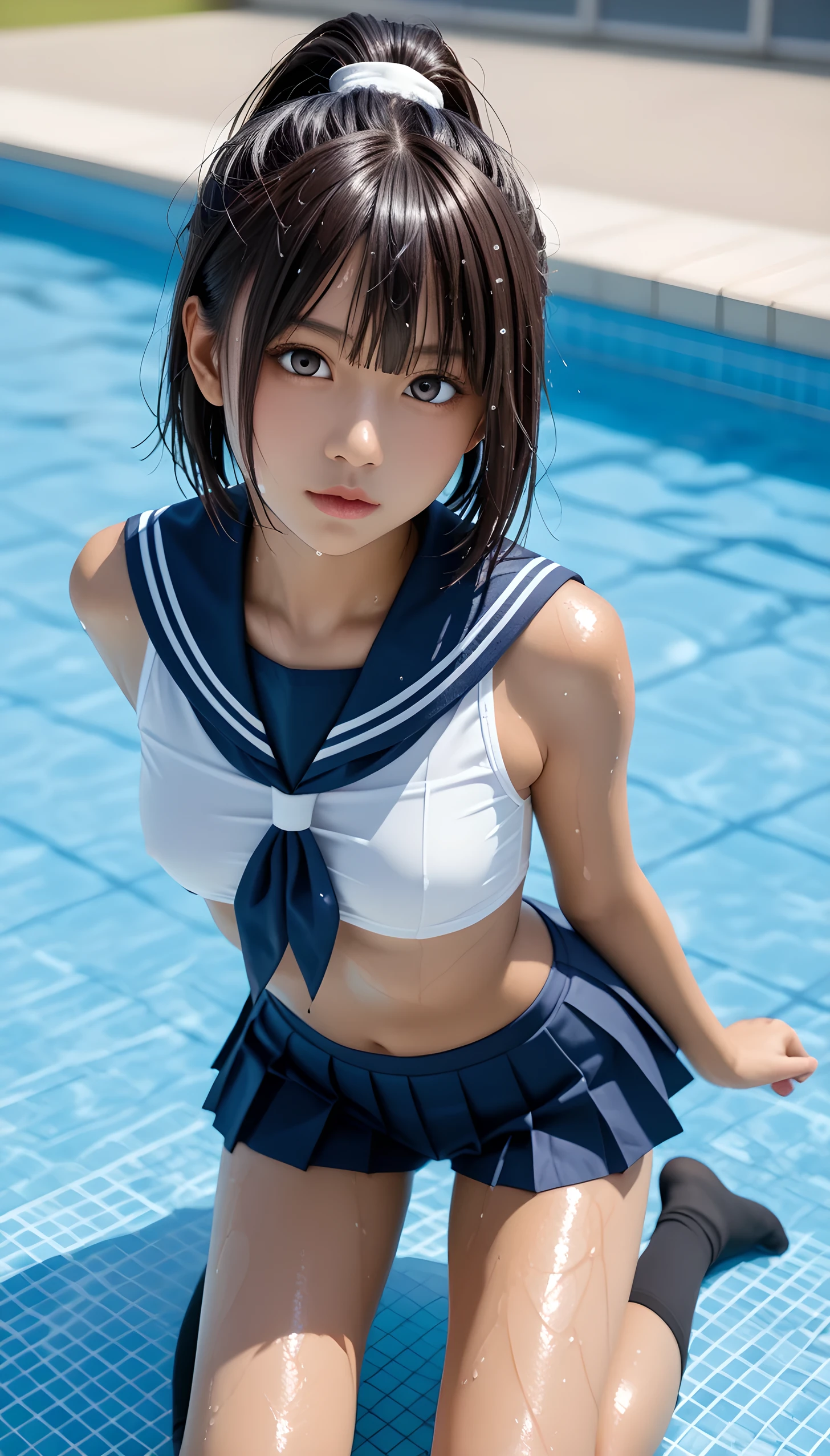 1 lady, HD quality, anime, solo full body shot, (sitting with hands back:1.3), (open legs to limit:1.5), (with one knee up:1.3), showing pubic area:, (under boob:1.6), Large breasts, (cleavage), shiny skin, smiling, (thin thighs:1.3), (Sailor uniform only for the upper body:1.5), (Crop Top sheer white shirt:1.5), (sleeveless:1.6), without brassiere, (sheer white tiny micro thong:1.5), poolside, (Green detailed eyes), blue sailor collar, red ribbon tie