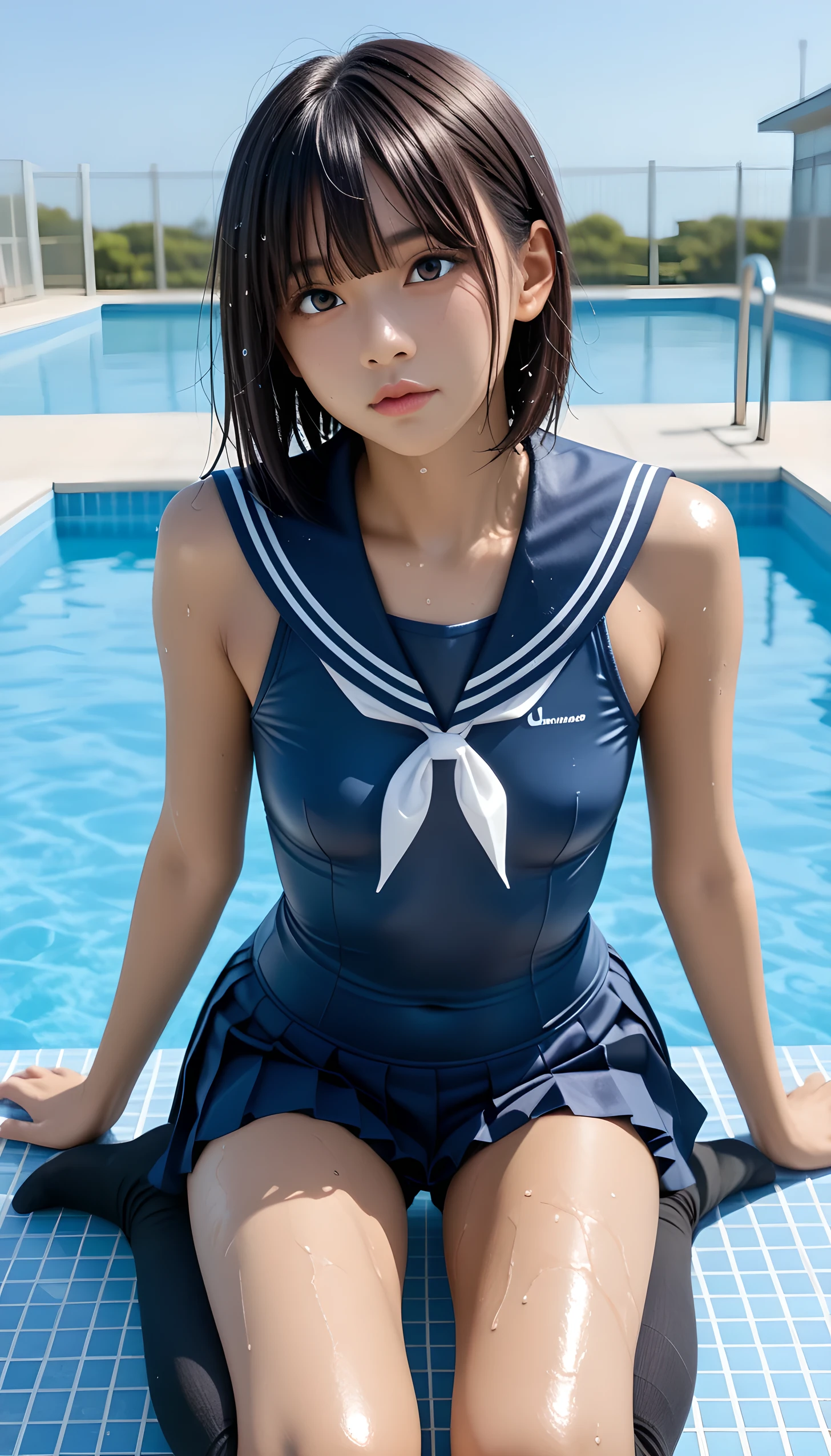  wet、masterpiece 、  top quality  、 Super high resolution、 realistic、 beautiful lighting arranged in an orderly manner、  RAW photos 、4K Ultra HD、  super detailed face、Clear Face、Detailed eye、 beautiful eyes、1080P、 tan dark skin 、 black hair,   wet hair、 short bob cut , bangs、 Ponytail、 horny 、 young gravure idol who lost weight、 ecstatic face、 white headband 、 white gloves、(((Firm small breasts、 tight breasts)))、((( wet hair ))),(((scene：There is a beautiful scene floating in the background.、 blue sky))),(((wet Japanese elementary school girl 、  navy sailor color 、 with both shoulders out 、 wet pleated skirt 、 black knee socks、Wear black shorts)))、Japanese female elementary school students wearing school swimsuits 、((Japanese elementary school girl in school swimsuit kneeling in a shallow pool 、Bring your face close while staring at the audience))  break ((( EXTREME FACE UP SHOT ,  viewers, the above )))、(( full body shot ))、(( underboob))、( perfect anatomy)、 break ((Upper eyelid))、((( midi skirt)))、 thin beautiful thighs 、 beautifully manicured hair 、 oily skin 、Five fingers