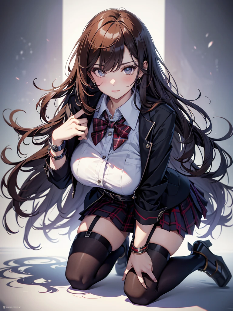 ((((Tabletop, highest quality, highest quality, One Girl, alone, Beautiful Anime、Detailed Images))))、18-year-old、Slender、Slightly larger breasts、Thin thighs、((Dark brown hair、straight、Long Hair、Brown eyes、Round eyes、Clear a division、、)),((classroom))、((Dark Blue Blazer、Dark Blue Skirt、、ribbon、loafers)))、Displeased、、Browsing Caution、(((Showing panties、Cute Panties、Fluid overflowing from the female genitalasturbate、Masturbate、Masturbate)))、(classroomの椅子に座る、Small wooden chair、Place your heels on the floor、Photographed from the front with legs spread)、Above the knees photo、