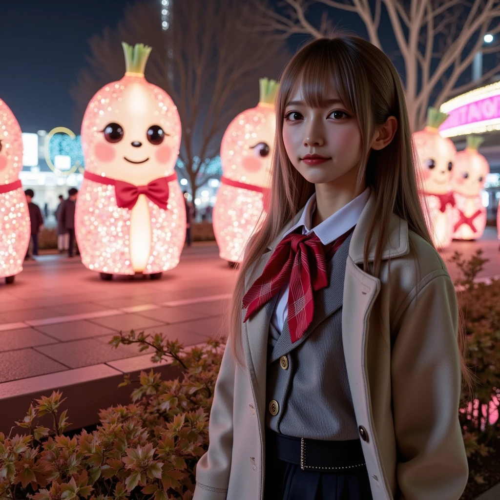 ultra-realistic, photorealistic, dramatic scene, shadow, global-illumination, solo, (teenage Japanese famous idol girl), very beautiful fragile Japanese girl, very beautiful with very cute but boyish cool face, (very large breasts), slim waist, (wearing a gray colored Japanese high school cute uniform of white shirt with blazer and skirt), (red ribbon), (stylish winter coat), (cute checked red woolen scarf), (glove), (She is wearing dark navy tights), (very large breasts), upper body shot, (She is standing and looking at the Daikon Character-Themed Electrical Parade at the amusement park), daikon\(cute, medium long, very large, chubby, white daikon radish character, green leaves on the top, smiled simple cute face with extremely detailed eyes, detailed anime girl's beautiful eyes, short hands and foot\), (A lively and fun daikon parade with glittering lights and many daikon radish characters on the float), (The floats in the daikon radish Electrical Parade were beautifully decorated with lights), (at night), A few autumn leaves can be seen among the leafless trees, she looks so happy, happy smile, professional lighting,