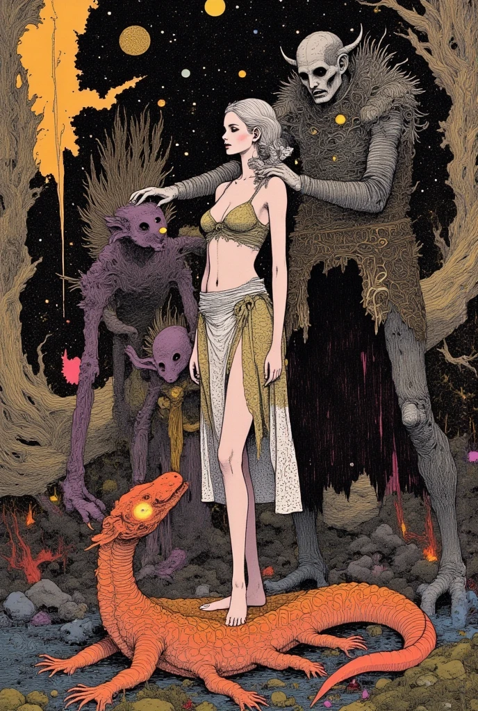 ((Pure erotic scene)), erotic fantasy style, A glamorous and sexy elf girl Standing on Salamander, a bikini dress, King of Orcs touching her chest, her hips behind her, Other monsters are guarding them, In the style of Scott Gustafson.