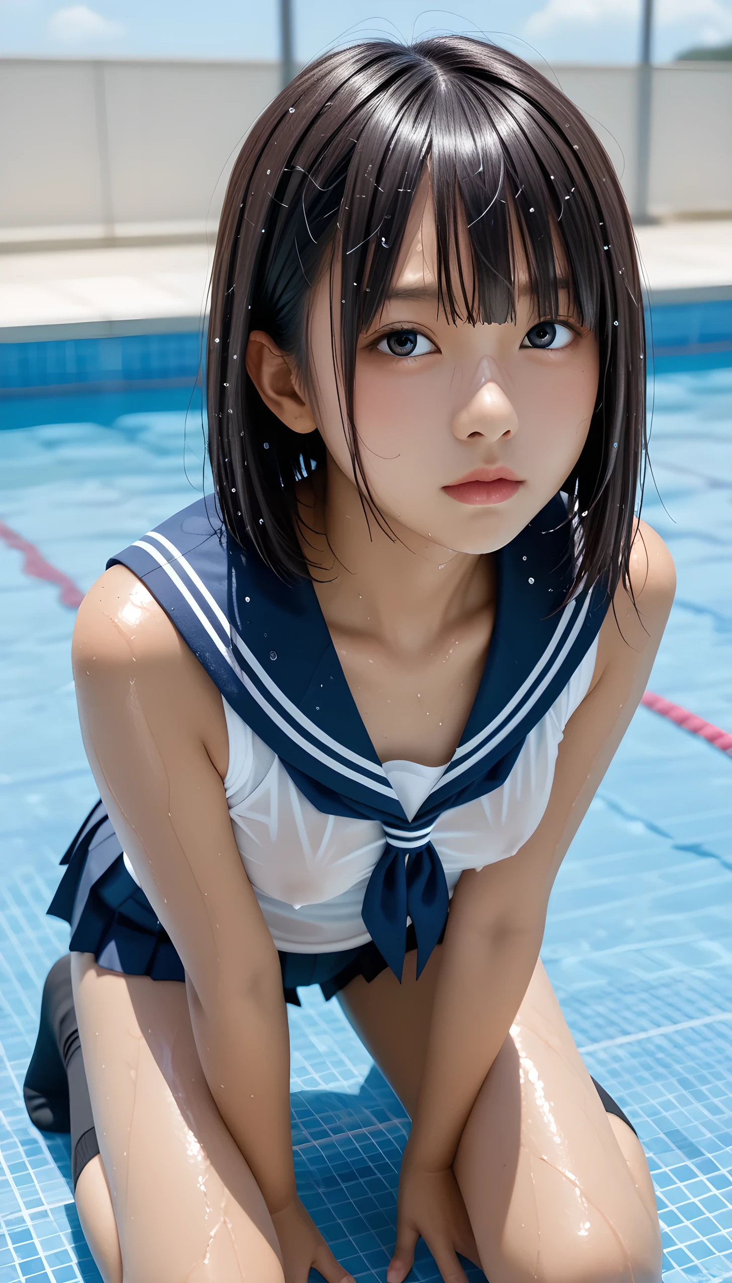  wet、masterpiece 、  top quality  、 Super high resolution、 realistic、 beautiful lighting arranged in an orderly manner、  RAW photos 、4K Ultra HD、  super detailed face、Clear Face、Detailed eye、 beautiful eyes、1080P、 tan dark skin 、 black hair,   wet hair、 short bob cut , bangs、 Ponytail、 horny 、 young gravure idol who lost weight、 ecstatic face、 white headband 、 white gloves、(((Firm small breasts、 tight breasts)))、((( wet hair ))),(((scene：There is a beautiful scene floating in the background.、 blue sky))),(((wet Japanese elementary school girl 、  navy sailor color 、 with both shoulders out 、 wet pleated skirt 、 black knee socks、Wear black shorts)))、Japanese female elementary school students wearing school swimsuits 、((Japanese elementary school girl in school swimsuit kneeling in a shallow pool 、Bring your face close while staring at the audience))  break ((( EXTREME FACE UP SHOT ,  viewers, the above )))、(( full body shot ))、(( underboob))、( perfect anatomy)、 break ((Upper eyelid))、((( midi skirt)))、 thin beautiful thighs 、 beautifully manicured hair 、 oily skin 、Five fingers