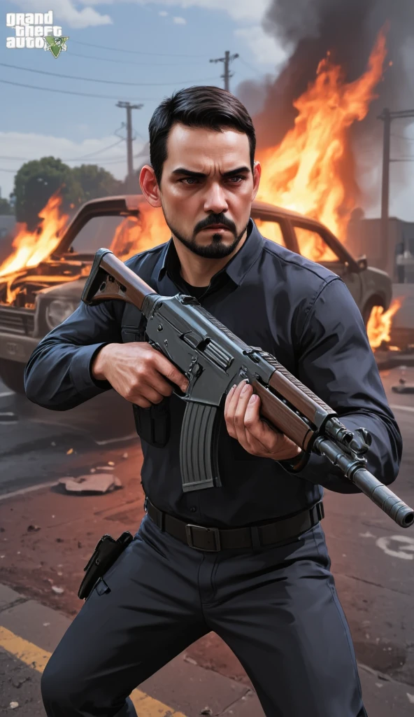 Cartoon art, GTA V Style. a young man, about 30 years old, in dynamic pose, ((wearing a Call of Duty suit style)) , holding a AK-47, angry face , in action scene, dynamic Angle, handsome man, detailed illustration, vivid colors, burning car in background. 