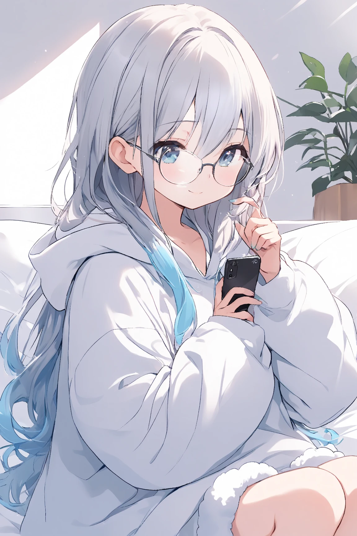 bed、Glasses、cute、Embarrassed face、Moe sleeves、white hair、White panties、Lying down、Crossing your legs、Low - Angle、hoodie、skirt、Lying on your back