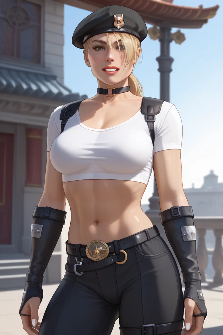 SonyaBladeMKDC, 1girl, midriff, navel, crop top, elbow gloves, choker, hat, belt, blonde hair, medium breasts, white shirt, black pants, dark skin, lips, beret, ponytail, dark-skinned female, black headwear, cowboy shot, fists, teeth