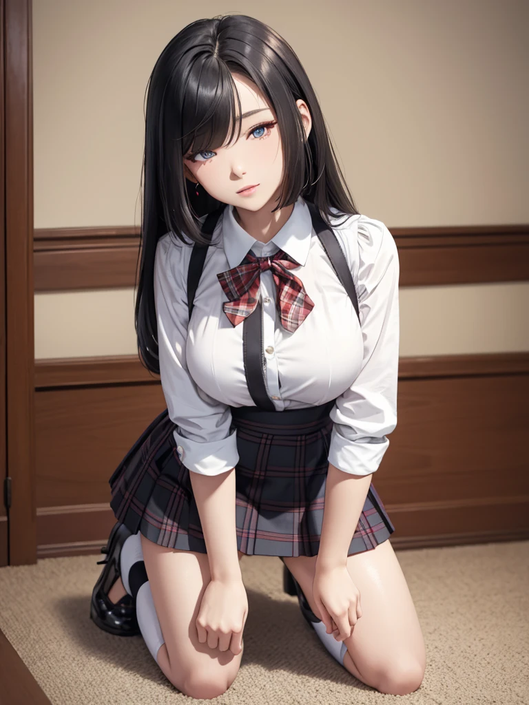 High Resolution, Top Quality, Masterpiece, Ultra High Quality, Ultra Detail, Ultra Realistic, 3D, Anime, Illustration, Fantasy, Solo, ((Beautiful Female Student Short Skirt)), Squatting and Touching Her Hair, (Looking at the camera), (Background Blur))), Brown leather shoes, Bare feet, (Cotton underwear), Large breasts, Front shooting,