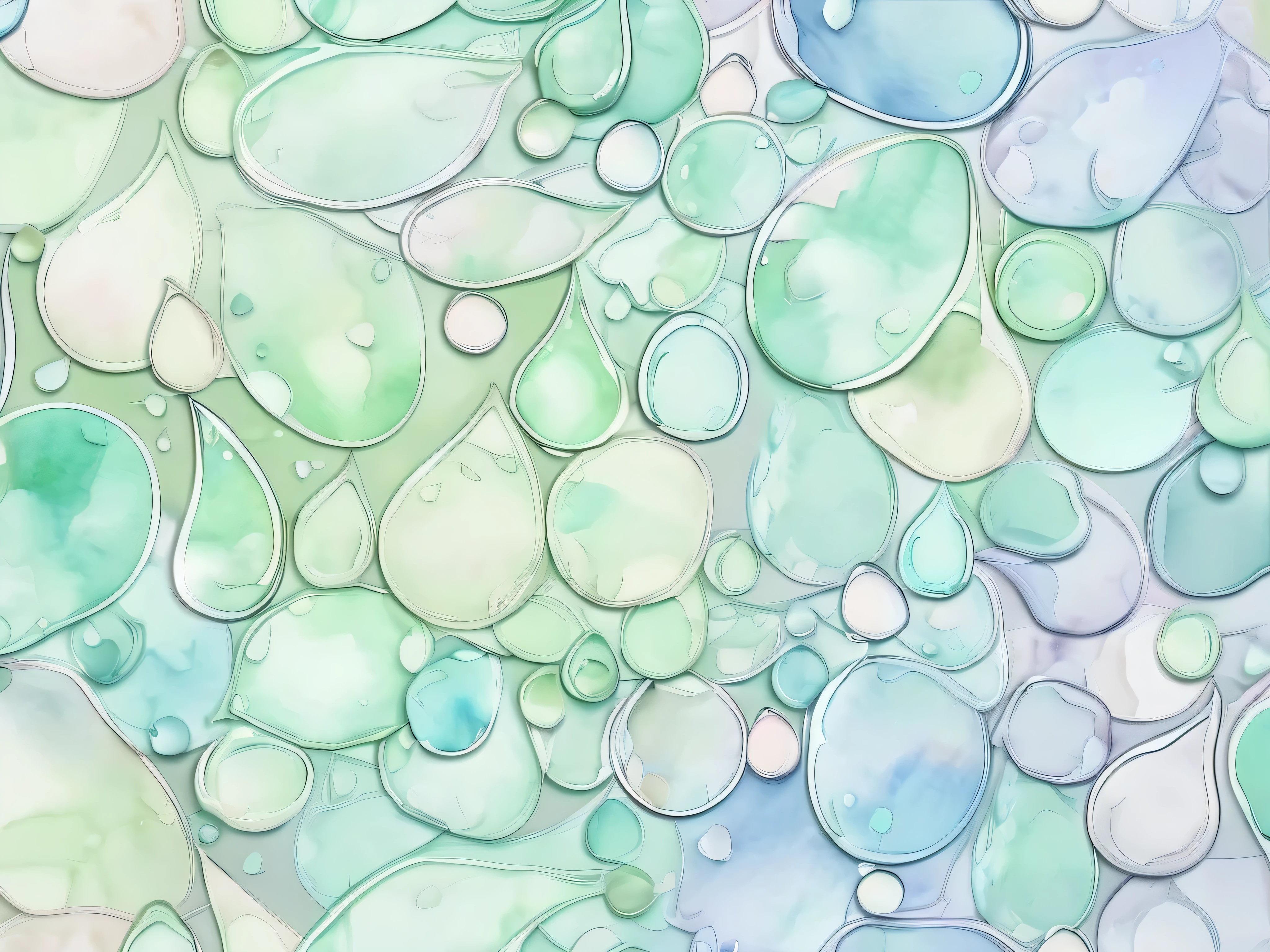 pale watercolor water drop pattern。 with gentle pastel colors at the center 、 transparent light tones spread 。The background has a soft green、Light blue harmonizes 。It comes in a variety of sizes、 bleeding outlines 。 with a soft and delicate atmosphere throughout 、 gentle and dreamy art style。