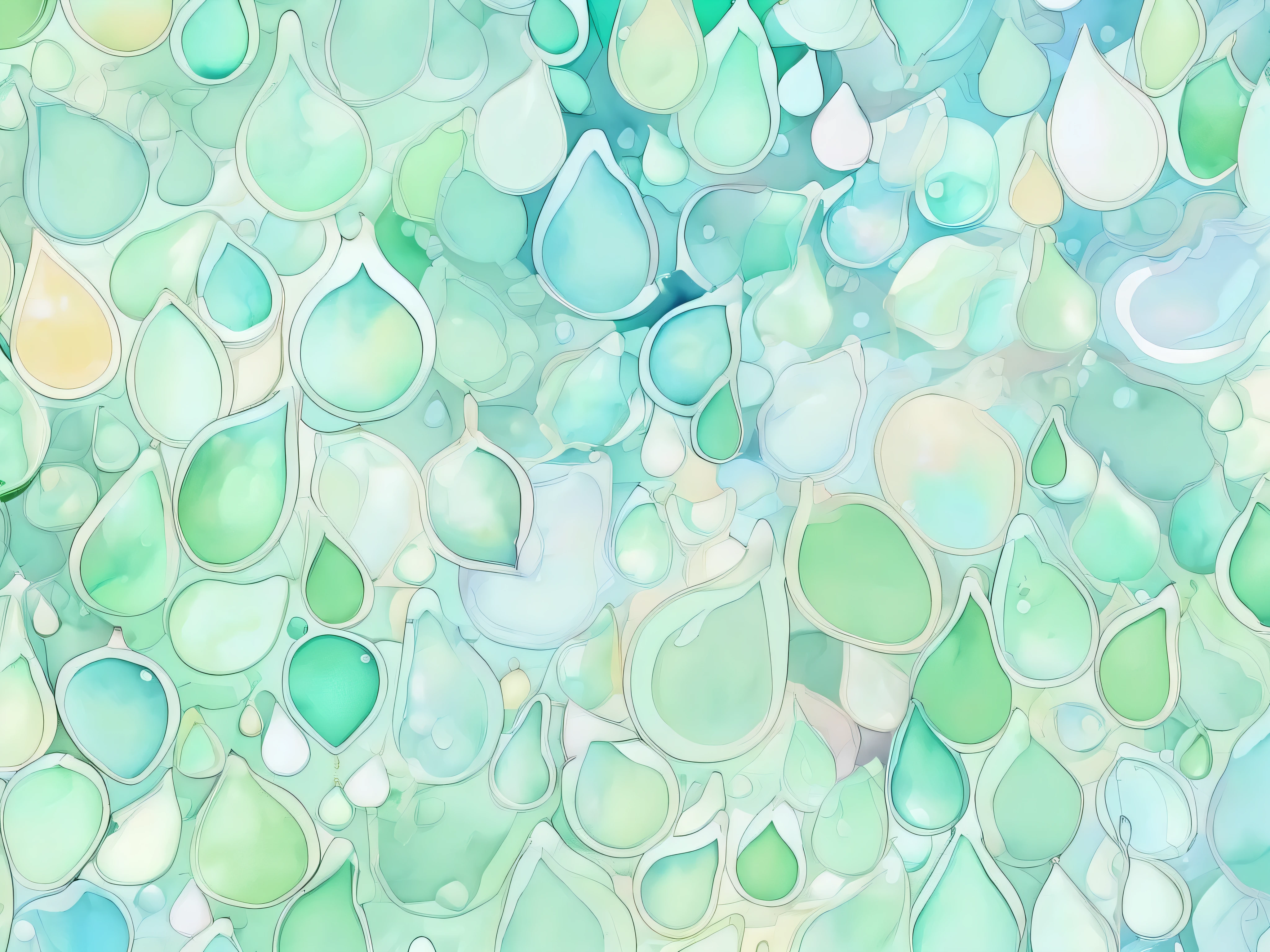 pale watercolor water drop pattern。 with gentle pastel colors at the center 、 transparent light tones spread 。The background has a soft green、Light blue harmonizes 。It comes in a variety of sizes、 bleeding outlines 。 with a soft and delicate atmosphere throughout 、 gentle and dreamy art style。