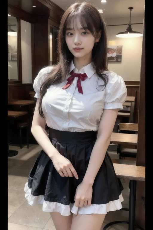 (8K, Raw photo, Best Quality, masutepiece:1.2), high-definition RAW color photography, professional photograpy, cowboyshot, (Realistic, photographrealistic:1.37), ((Best Quality)), 25 year old woman, Cinematic Light, (finerly detailed face:1.2), (masutepiece:1.5), (Best Quality:1.2), (Mole:0.5), (Smiling:1.1), Kamimei, (Looking at Viewer:1.2), (Skirt lift:1.4), Wrinkled white panties, bowtie, (Detailed Maid:1.2)