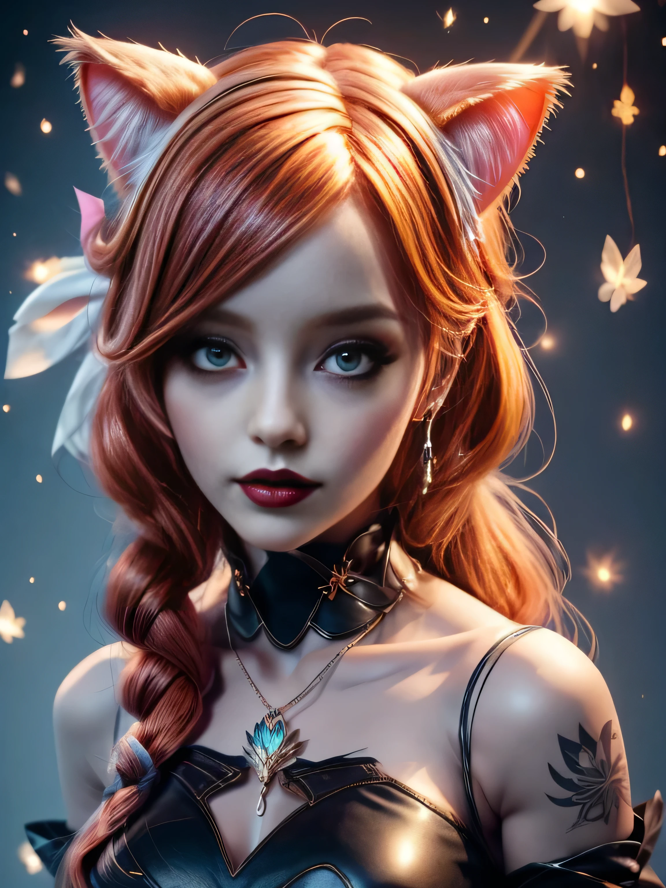 there is a doll with red hair and a cat ears, portrait of a goth catgirl, dollpunk, artdoll, [ trending on cgsociety ]!!, beautiful young catgirl, wlop loish and clamp style, cgsociety ), cgsociety - w 1 0 2 4 - n 8 - i, cgsociety 9, bjd, cgsociety