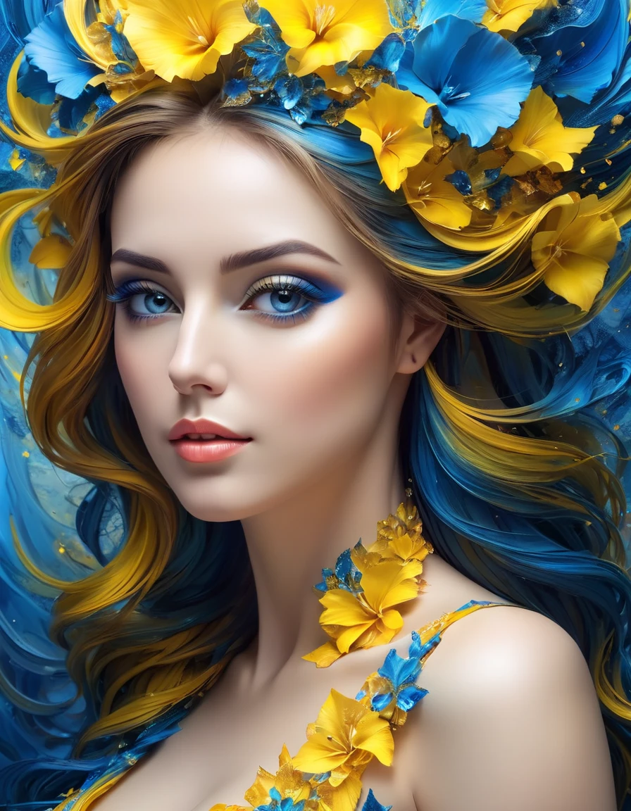 ((( masterpiece fails, portrait))), Incredibly beautiful woman, made from lots of blue and yellow colors,hips, very detailed , realistic, realistic,studio photo, very detailed , dynamic , cinematic , masterpiece fails, intricate,HDR,abstract fractal,  romantic atmosphere, Award winning photo