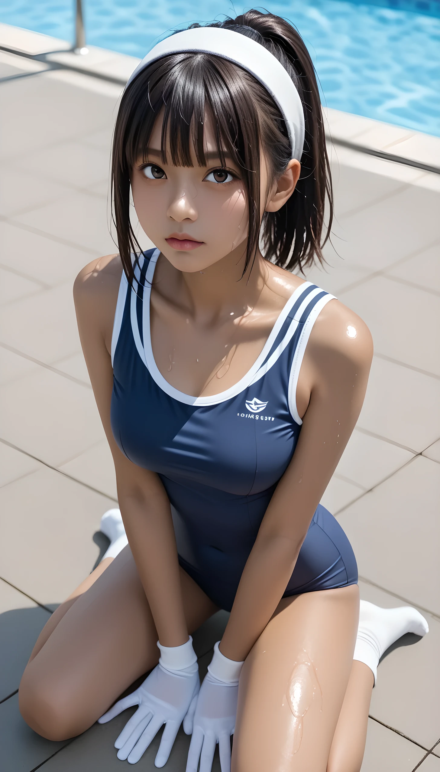  wet、masterpiece 、  top quality  、 Super high resolution、 realistic、 beautiful lighting arranged in an orderly manner、  RAW photos 、4K Ultra HD、  super detailed face、Clear Face、Detailed eye、 beautiful eyes、1080P、 tan dark skin 、 black hair,   wet hair、 short bob cut , bangs、 Ponytail、 horny 、 young gravure idol who lost weight、Kissing Face、 white headband 、 white gloves、(((( taut chest、Separated Breasts 、 tight breasts)))、((( wet hair ))),(((scene：There is a beautiful scene floating in the background.、 blue sky))),(((wet Japanese elementary school girl 、  navy sailor color 、 with both shoulders out 、 wet pleated skirt 、 black knee socks、Wear black shorts)))、Japanese female elementary school students wearing school swimsuits 、((Japanese elementary school girl in school swimsuit kneeling in a shallow pool 、Bring your face close while staring at the audience))  break ((( EXTREME FACE UP SHOT ,  viewers, the above )))、(( full body shot ))、(( underboob))、( perfect anatomy)、 break ((Upper eyelid))、((( midi skirt)))、 thin beautiful thighs 、 beautifully manicured hair 、 oily skin 、Five fingers