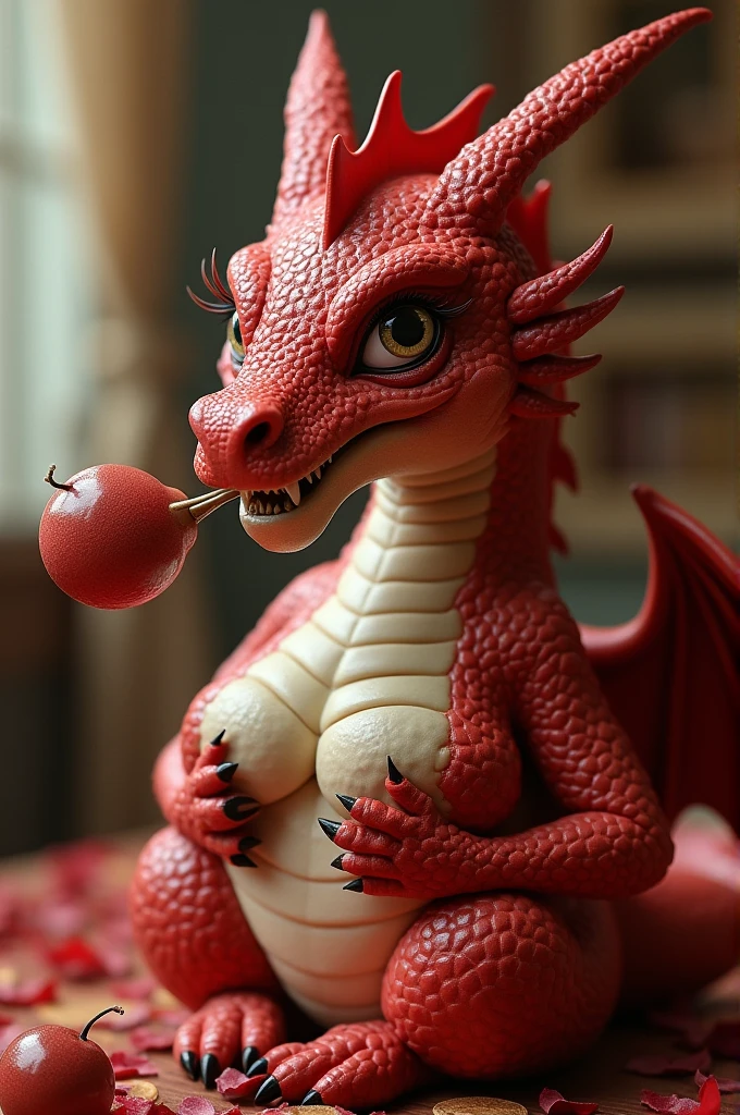 A woman (sagging breasts) in a red coat sitting on a chair with a dragon, popular on ArtStation Pixiv, detailed anime artwork, detailed digital anime art, complex gorgeous anime CGI style, guvez on pixiv art station, guvez on pixiv, anime fantasy illustration, detailed anime art, clean detailed anime art, detailed key anime art, red lip micro-open, nude