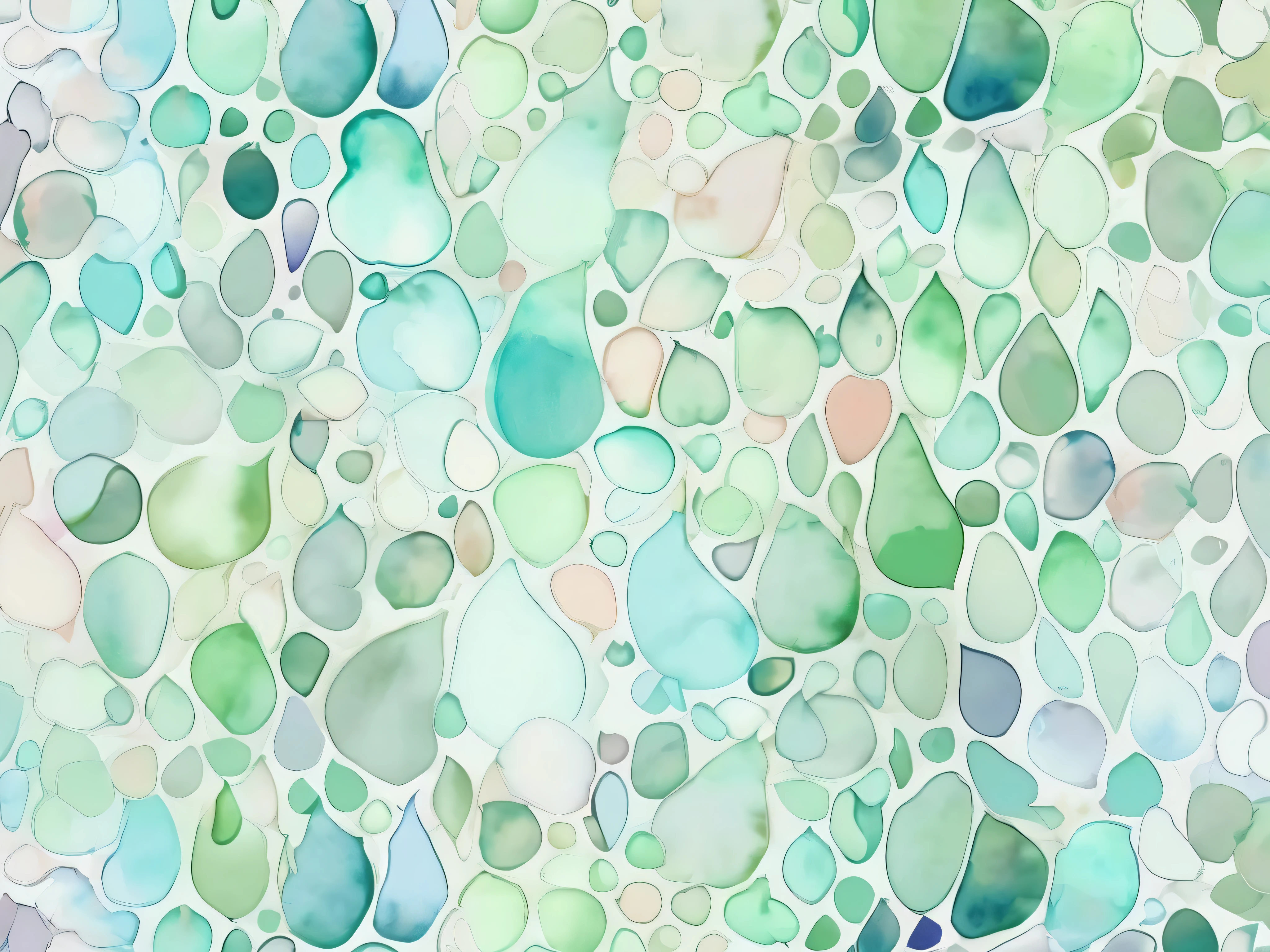 pale watercolor water drop pattern。 with gentle pastel colors at the center 、 transparent light tones spread 。The background has a soft green、Light blue harmonizes 。It comes in a variety of sizes、 bleeding outlines 。 with a soft and delicate atmosphere throughout 、 gentle and dreamy art style。